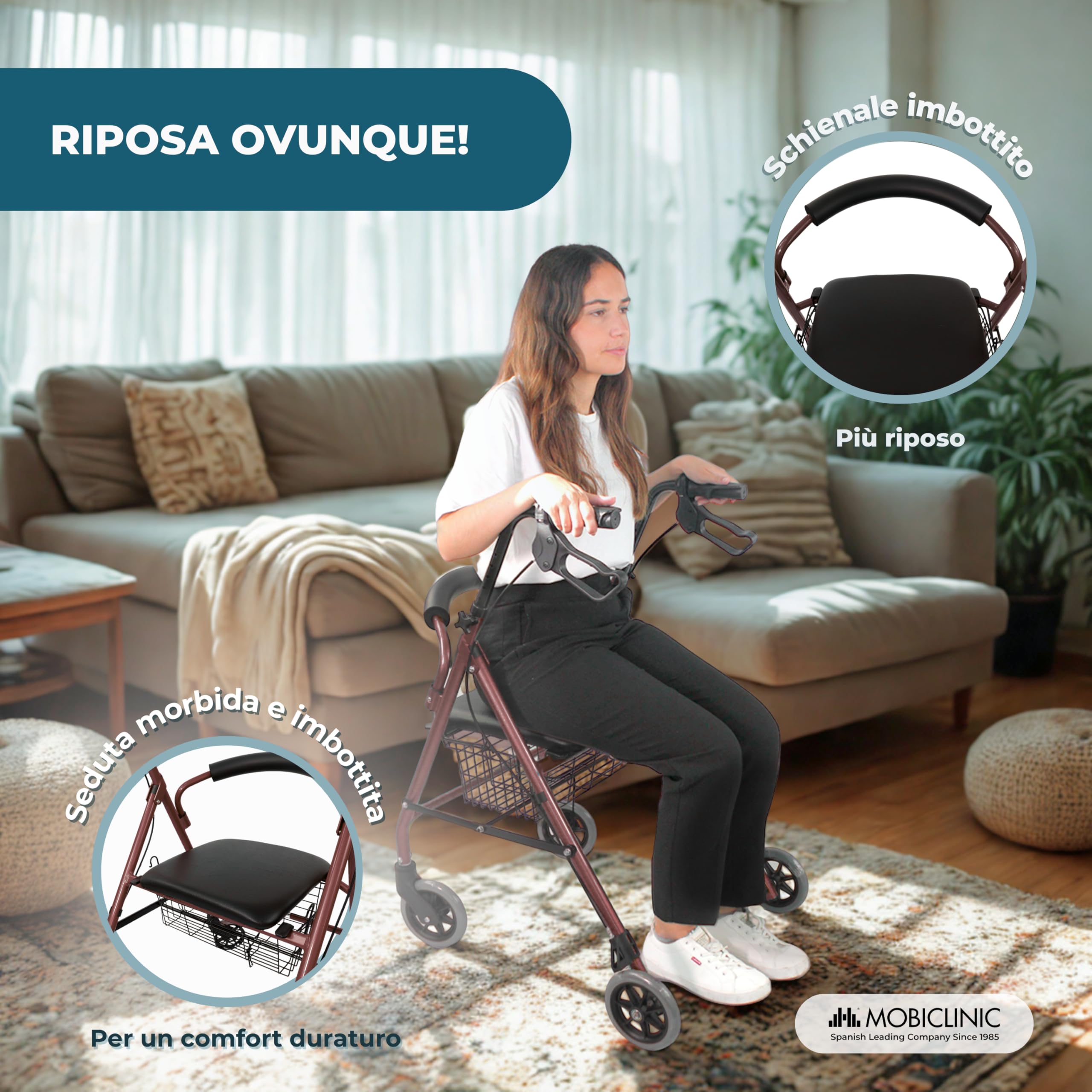 Mobiclinic®, Deambulatore per Anziani, Pieghevole, Regolabile in Altezza, Freni Manuali e Bloccabili, Fino a 110 Kg, con Cestino e Sedile, Leggero, Resistente, Alluminio, Bordeaux, Escorial