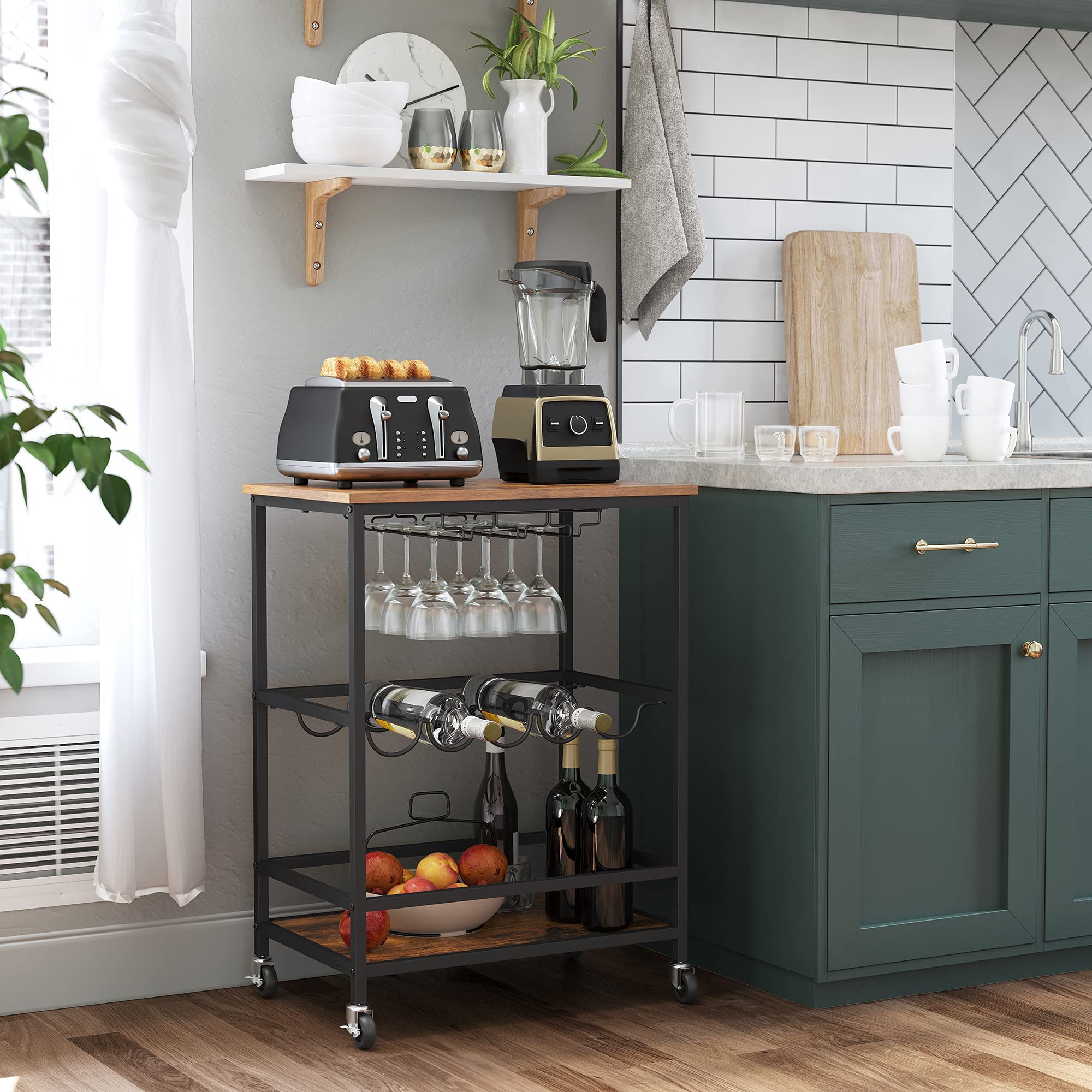 VASAGLE Carrito con Ruedas, Carrito de Cocina, Carrito de Servicio con Soportes para Vasos y Botellas, 40 x 60 x 82 cm, Estilo Industrial, Marrón Rústico y Negro LRC087B01