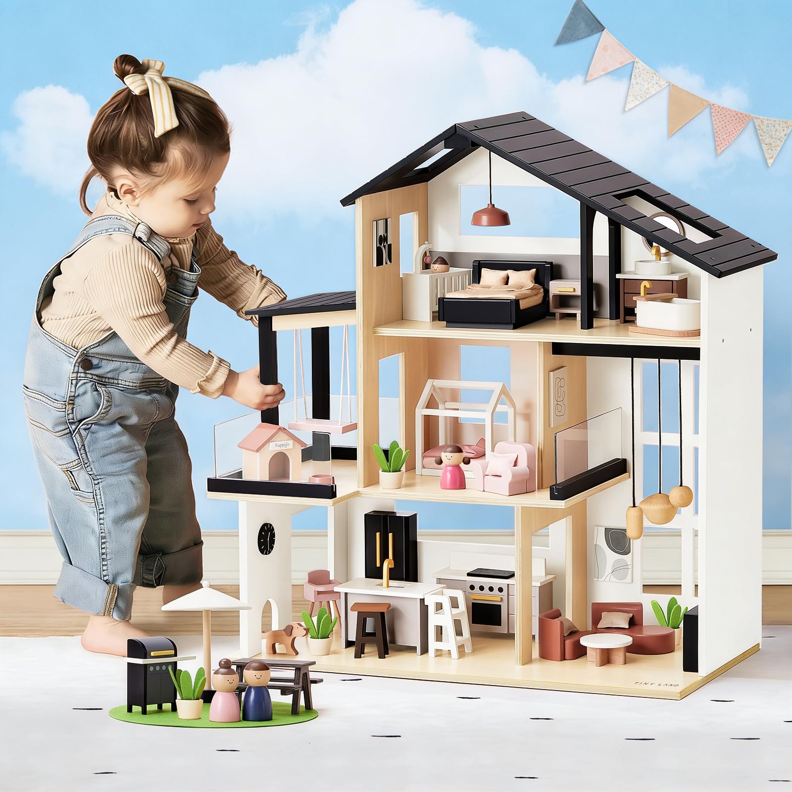 Doll House, Modern Family Dollhouse with Realistic Design, Wooden Dollhouse with 53Pcs Furniture - Ideal Gift for Kids Ages 3+