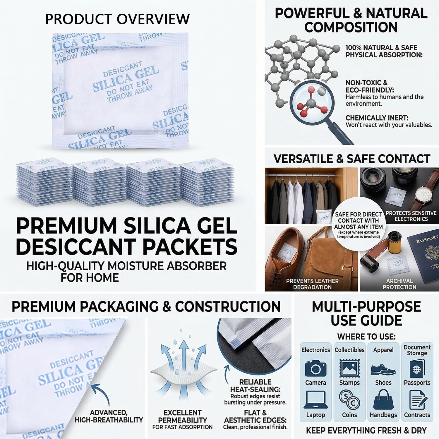 10 g x 30 Bolsas Desecantes Absorbente de humedad, Bolsitas Desecante, Gel de Sílice Desecante, Protección contra Humedad para Zapatos, Electrónica, Cámaras y Más
