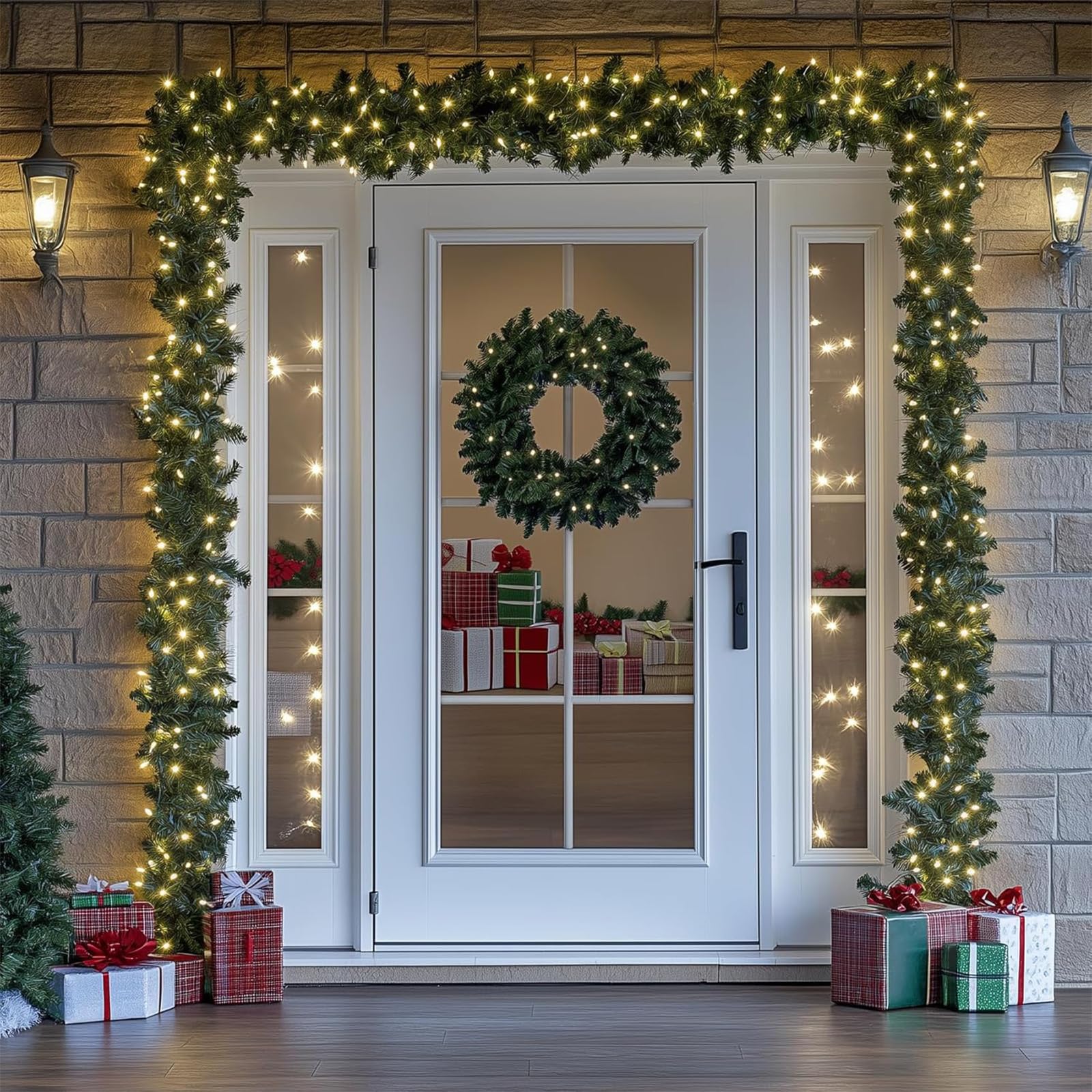 Guirnalda de abeto de 540 cm con 70 ledes de color blanco cálido, iluminada para interior y exterior, guirnalda de abeto artificial para escaleras, puertas y chimeneas