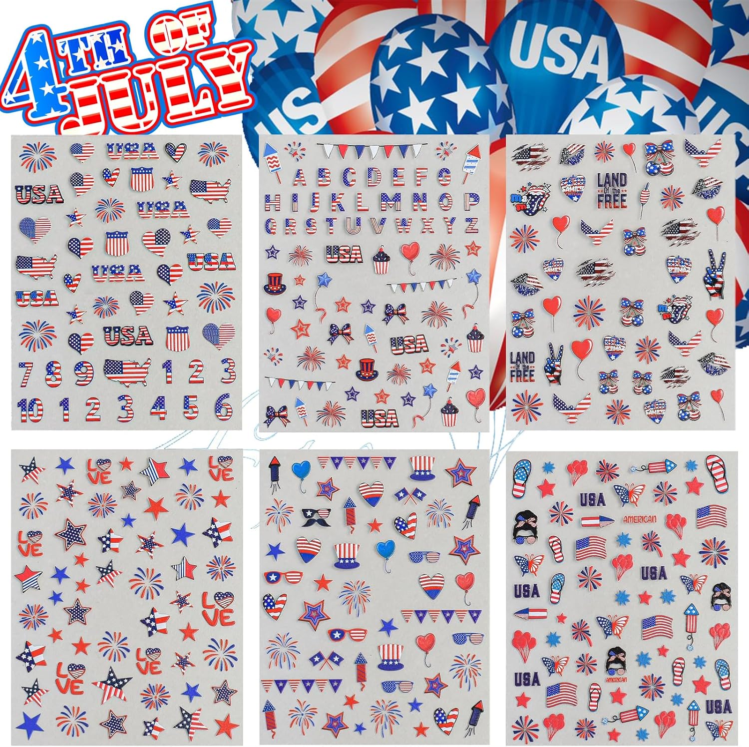 6 Sheets 4th of July Nail Art Stickers, Patriotic American Flag Fireworks USA Letter Nail Decals Self-Adhesive, Red White Blue Stars Heart Map Nail Supplies for Women Girls Independence Day Manicure
