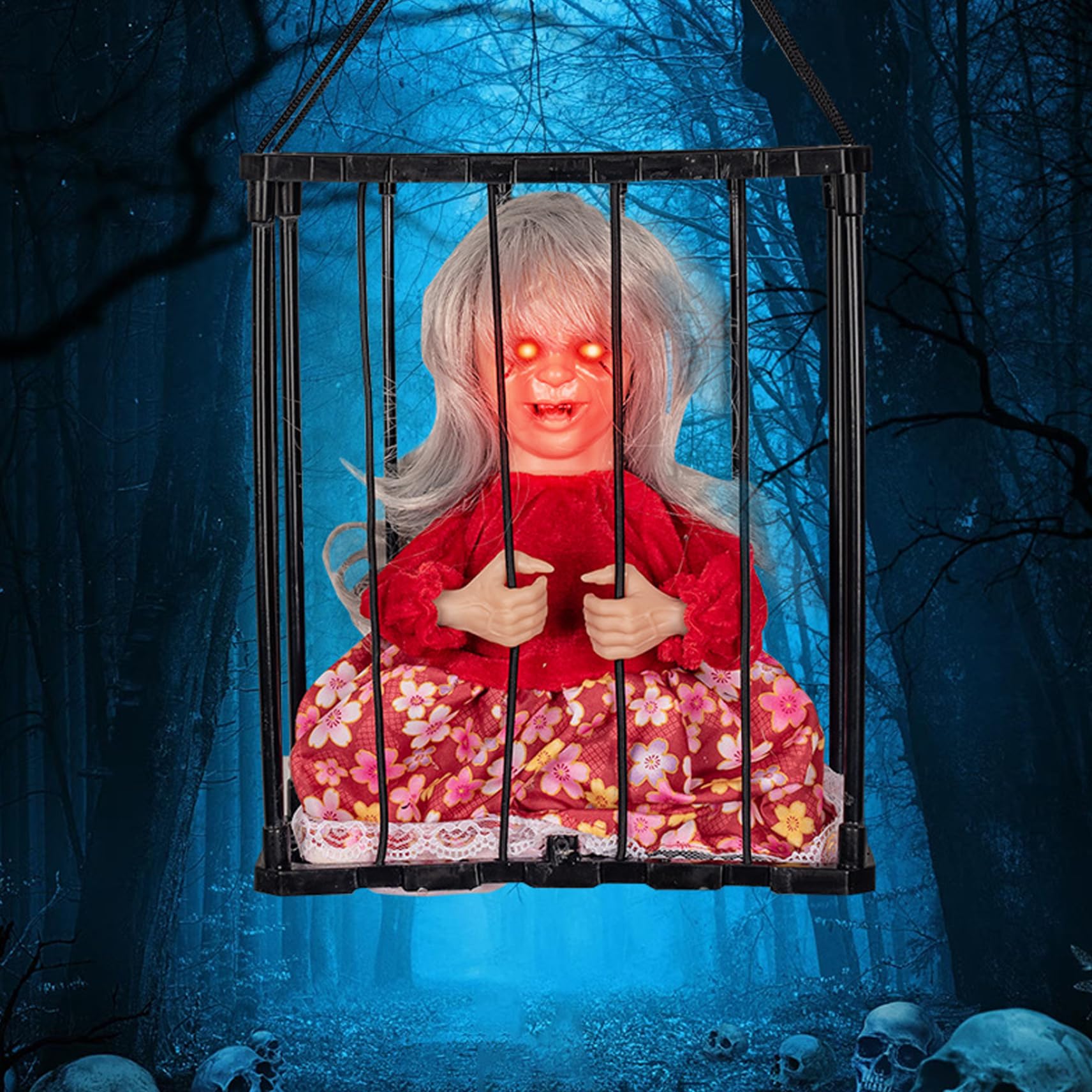 Monwssoe Halloween Decor, Halloween Animatronics, Sounded Hanging Ghosts Women Witches In Cage with Light up Eyes, Screaming Activated Animated Skeleton Decorations for Party Haunted House Yard Lawn