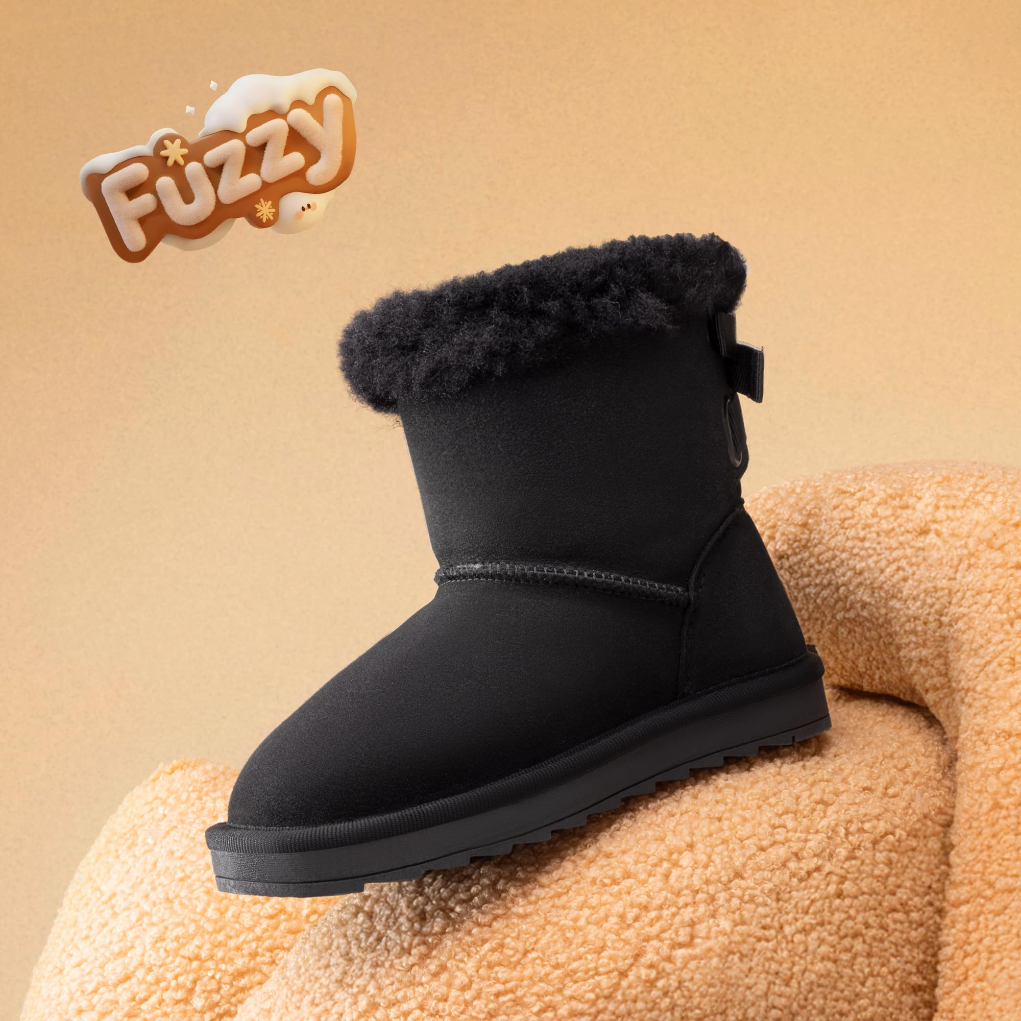 DREAM PAIRS Dziewczęce buty dziecięce zimowe sztuczne futro ciepłe śnieg kostki FuzzyChic dziecięce kokardki dla malucha/małego dziecka | Botki, wygodne, ciepłe, przytulne futro, urocza kokarda z tyłu, na co dzień, na zewnątrz, na zimną pogodę