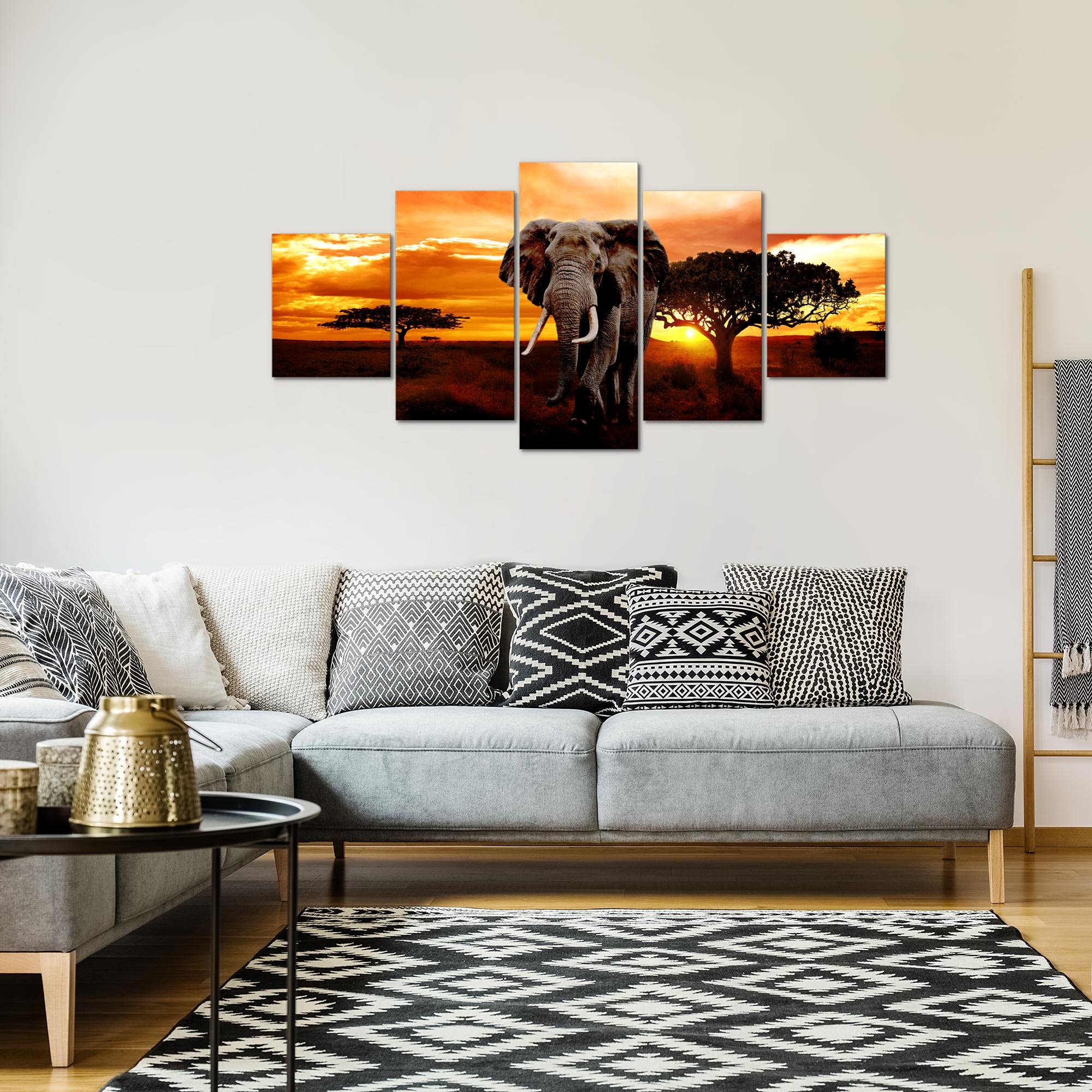Runa Art - Bilder Afrika Elefant 200 x 100 cm 5 Teilig XXL Wanddekoration Design Orange 001251a