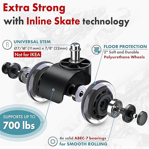 Miniatura 4 de Juego de 5 ruedas de repuesto para sillas de oficina, ruedas suaves dobles de 2 pulgadas para azulejos de vinilo de madera dura, resistentes y