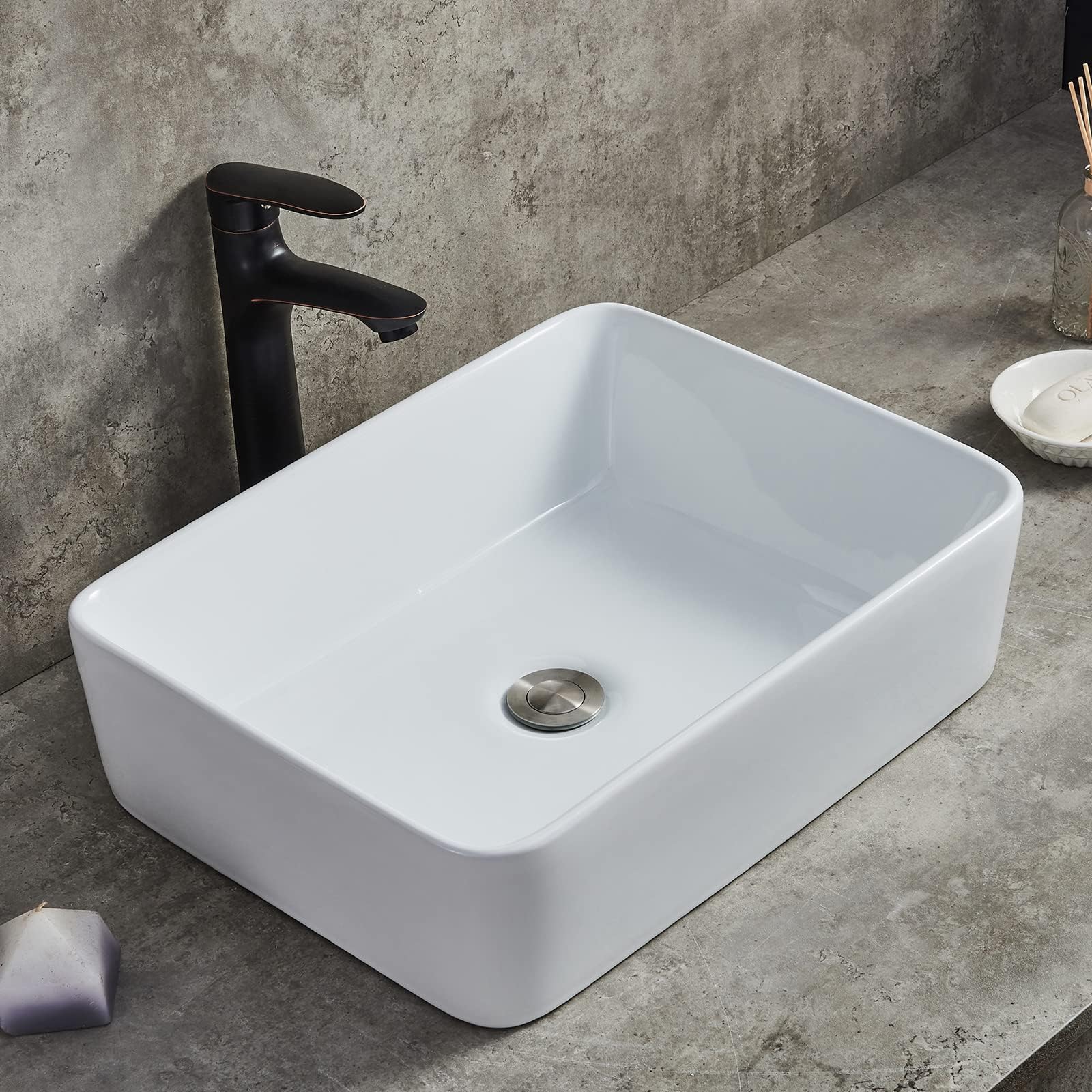19x15 Inch Bathroom Sink, Modern White Rectangular Ceramic Countertop Bathroom Vanity Vessel Sink, 19 Inch Porcelain Above Counter Art Basin Vessel Sinks for Bathrooms Lavamanos Para Baños