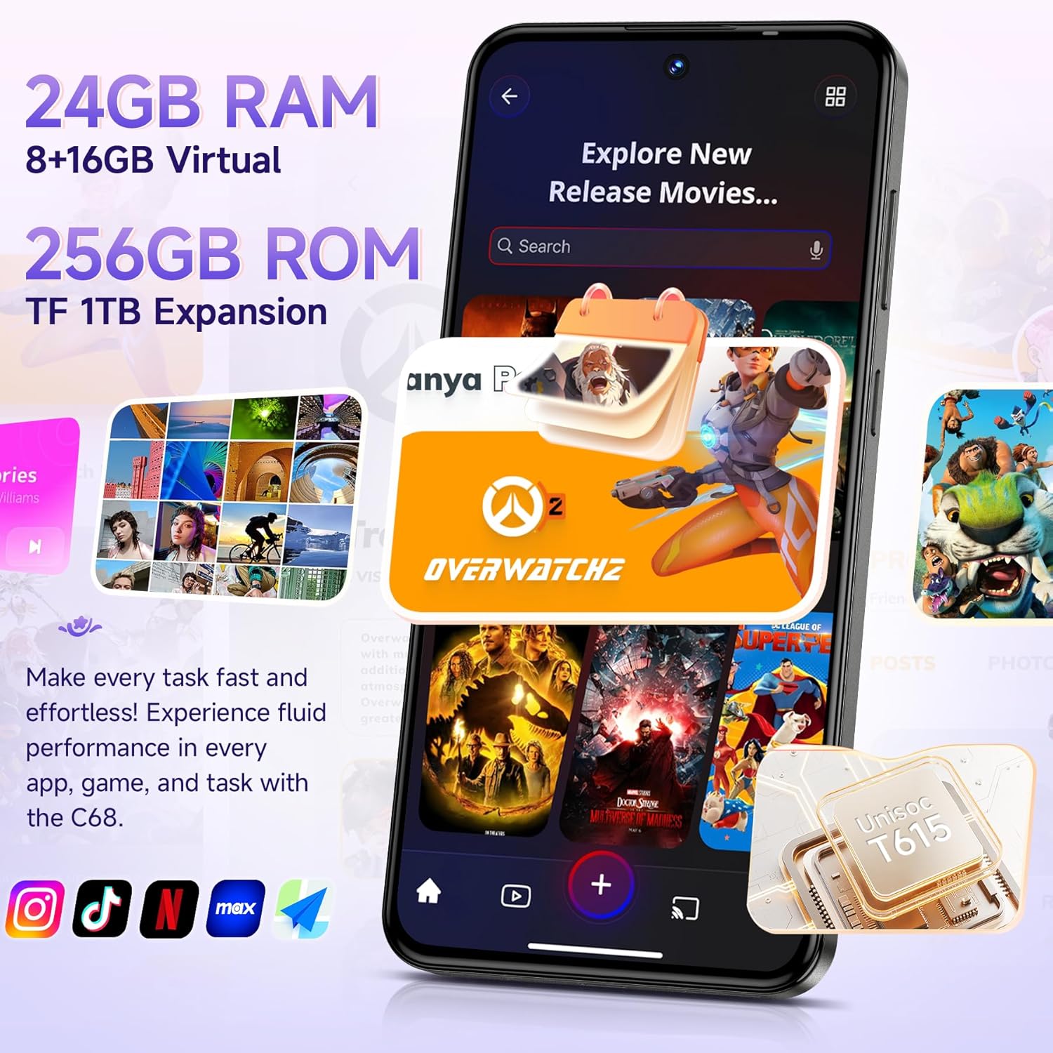 OUKITEL C68 phone displaying multiple apps and storage capacity