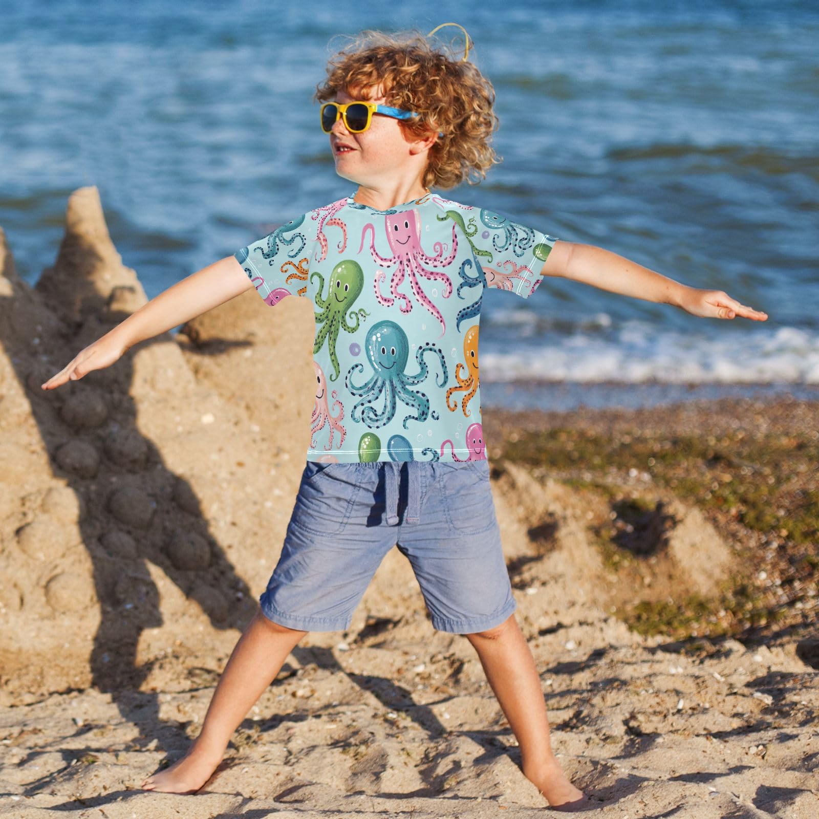 Boys Sun Shirts UV Protection Short Sleeve Rash Guard Swim Shirt Cartoon Octopus Water Shirt Rashguard 4T,20