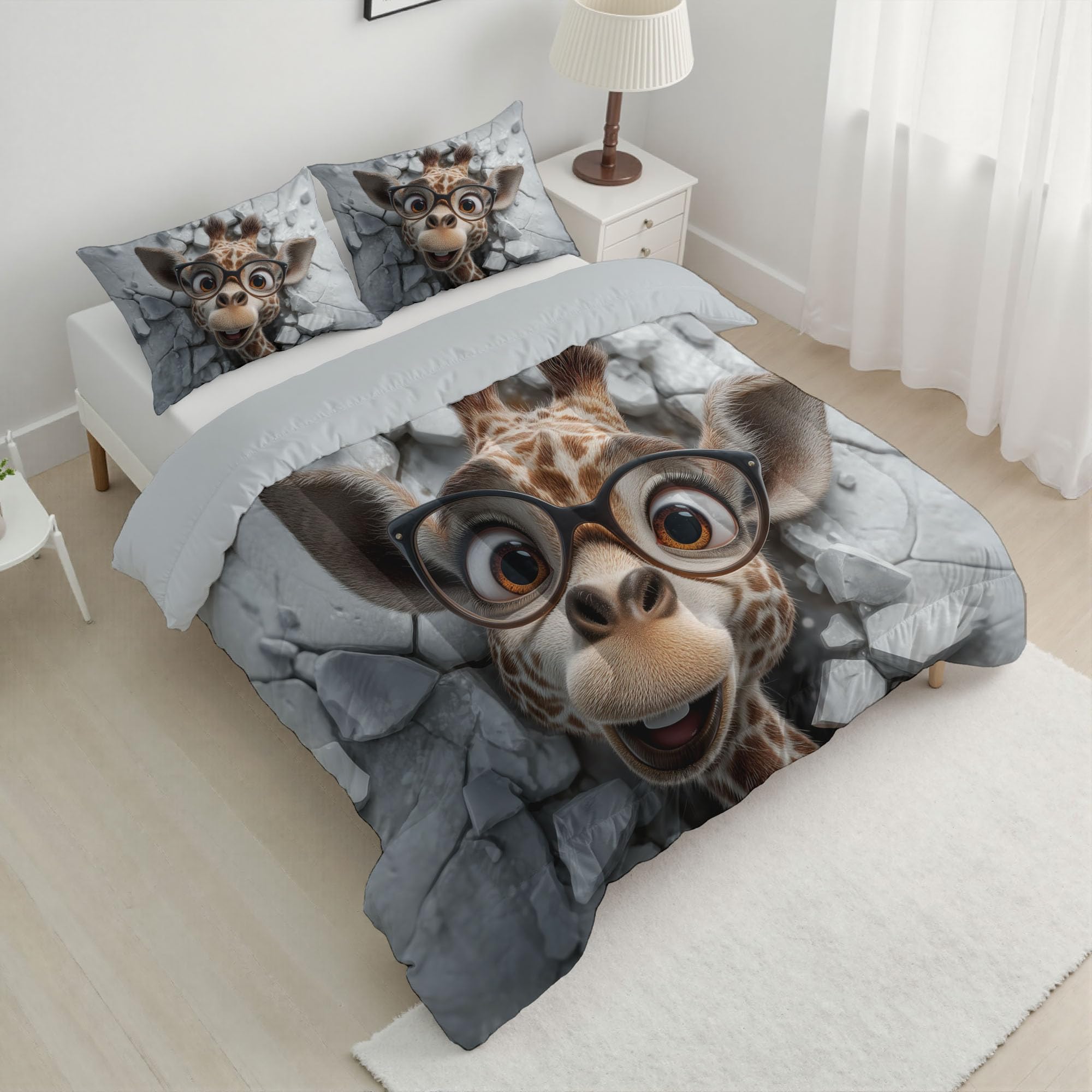 Edredon Cama 135/150 Jirafa Feliz A Través La Pared Estampado Infantil, Edredón Nórdico 4 Estaciones 240x220cm, Colcha Transpirable De Microfibra Lavable Lindos Animales, 2 Fundas De Almohada