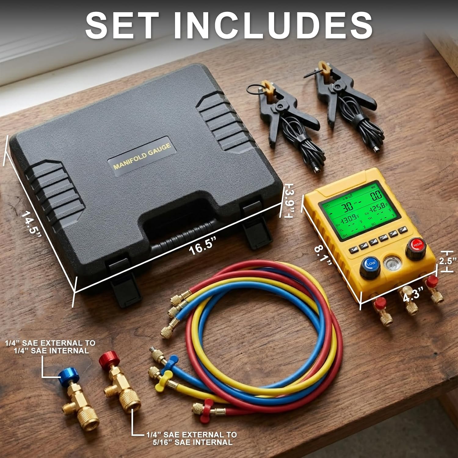 Digital HVAC Manifold Gauge Set, Digital AC Gauges with 3 Hoses, 2 Temperature Clamps, and 2 Anti-Freeze Safety Valves, HVAC Gauges Compatible with R134A R410A R454B, R32 and 88 other refrigerants