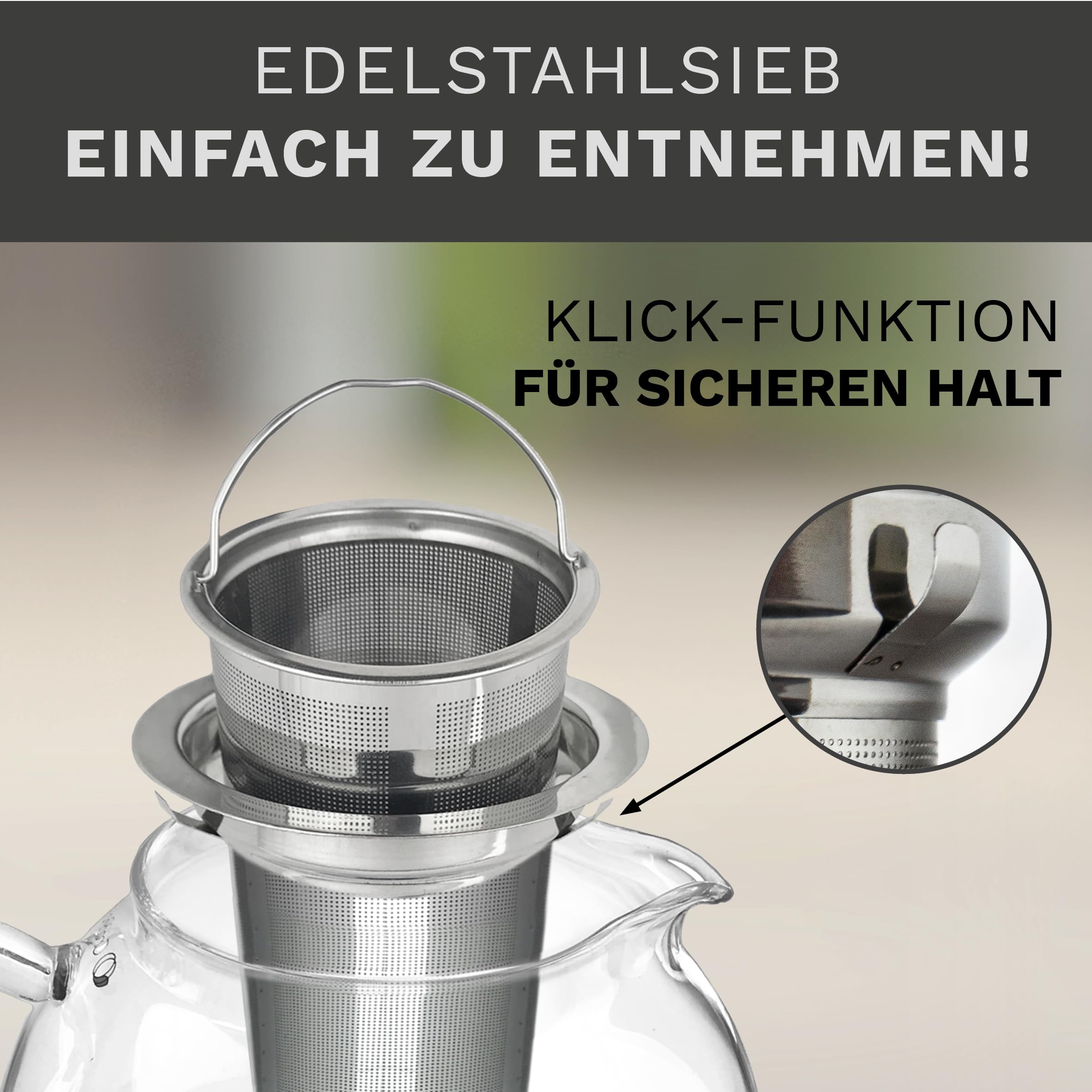 Creano Teekanne aus Glas 1,7l, 3-teilige Glasteekanne mit integriertem Edelstahl Sieb und Glasdeckel, ideal zur Zubereitung von losen Tees, tropffrei, All-in-one