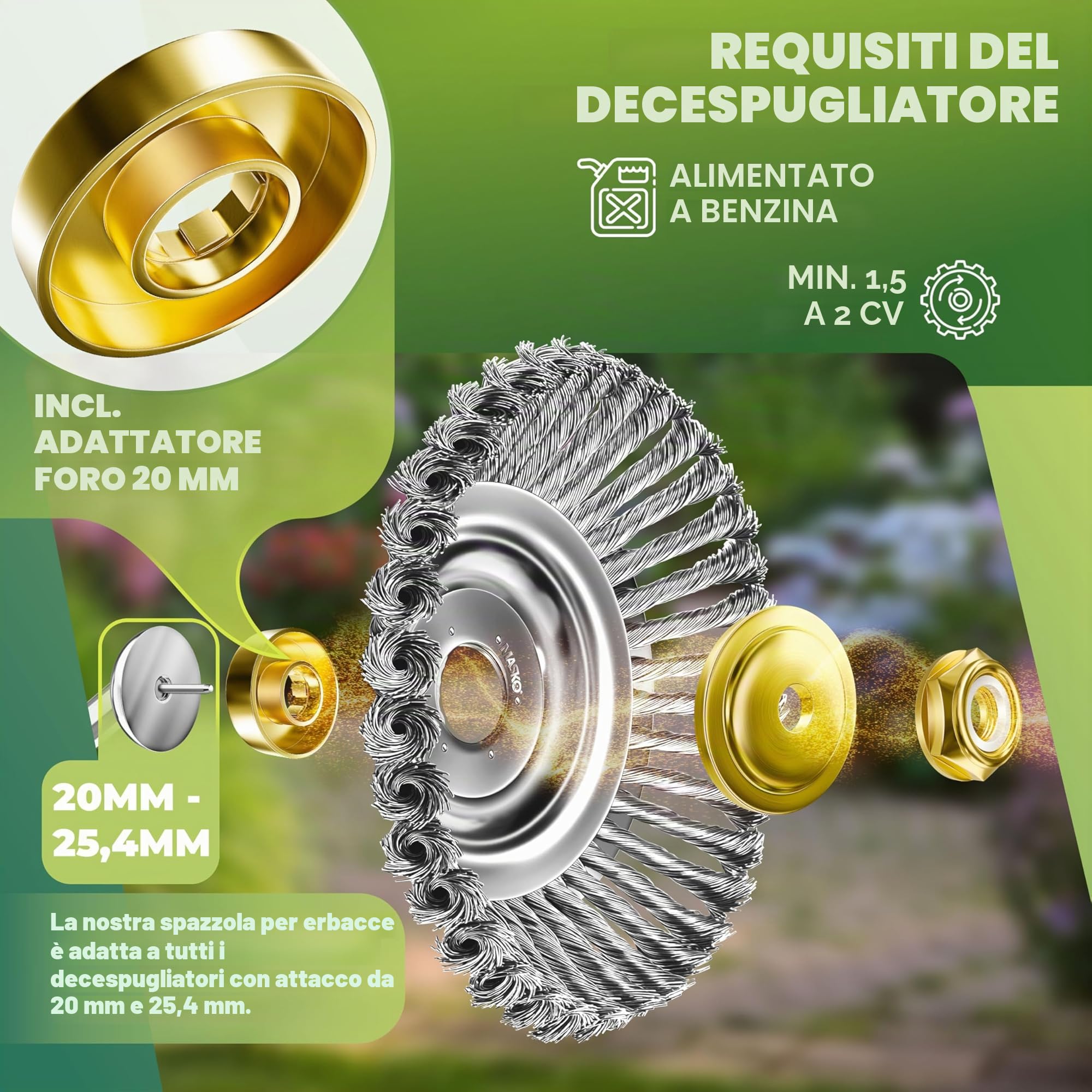 MASKO® Spazzola per erbacce per decespugliatore e decespugliatore | Spazzola per erbacce 25,4 & 20 mm foro | Spazzola metallica per la rimozione efficace delle erbacce compatibile con Stihl | Spazzola