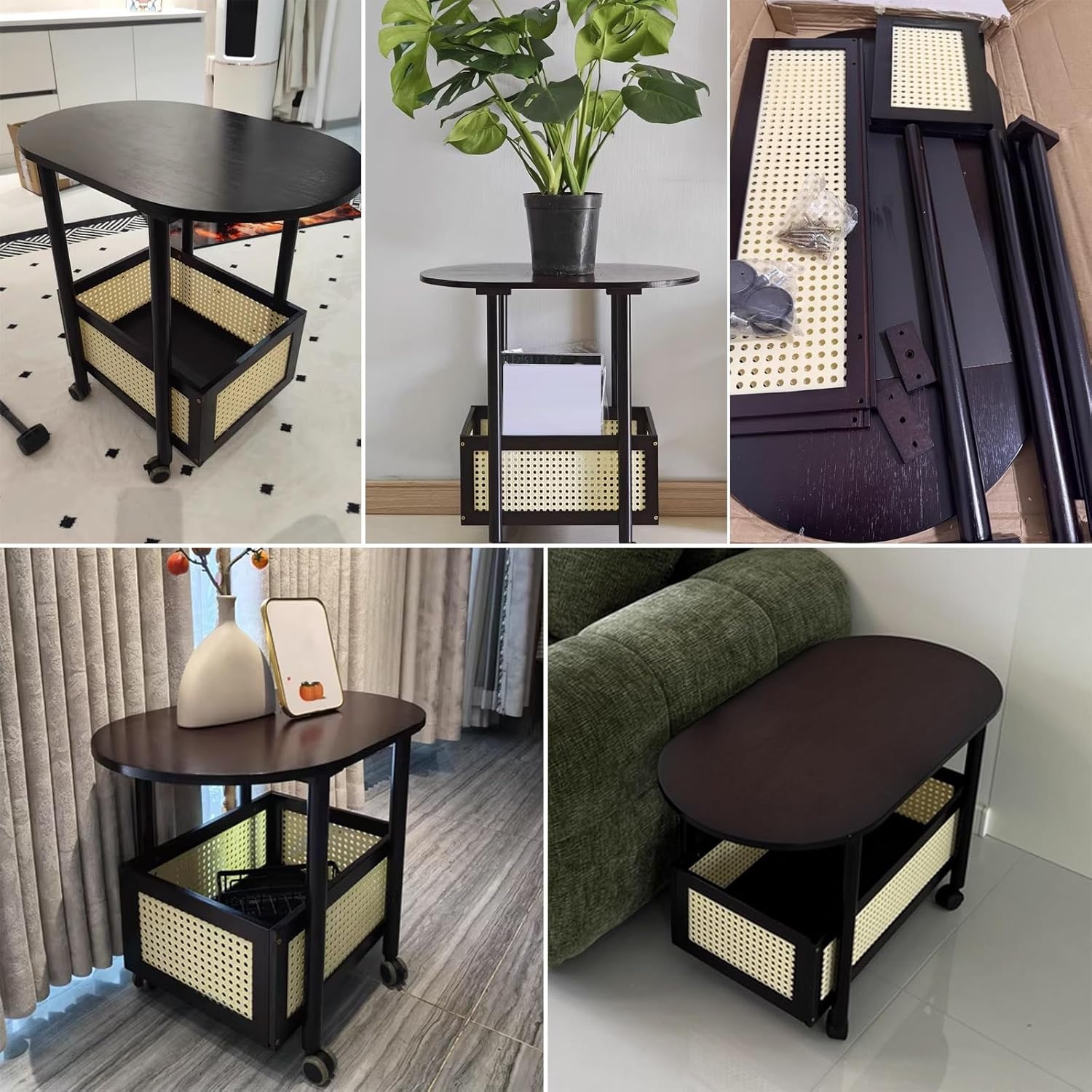 Farmhouse Coffee Table with Storage, 2-Tier Oval Living Room Table with Rotating Wheels, for Cups, Books, Snacks, Magazines