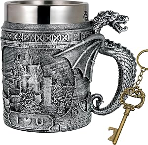 alikiki Medieval Castle Dragon Coffee Mug - 21oz D&D Dragon Game Mug of Thrones Merchandise Stainless Beer Mugs Gifts for Men Dragons Themed Party Decoration