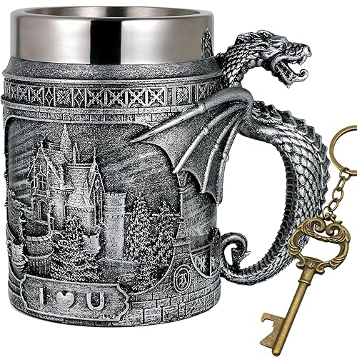 alikiki Medieval Castle Dragon Coffee Mug - 21oz D&D Dragon Game Mug of Thrones Merchandise Stainless Beer Mugs Gifts for Men Dragons Themed Party Decoration