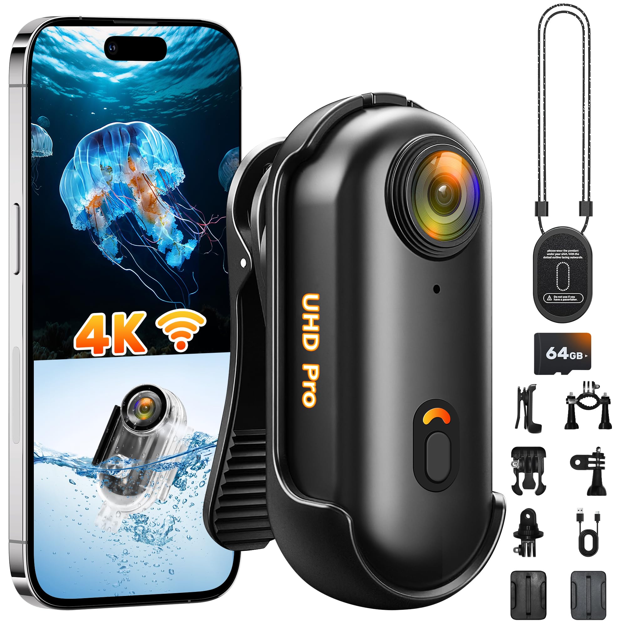 2026 nouvellement améliorée Caméra d'Action 4K(64GB),Mini Caméra Sport WiFi,Camera Pouce Étanche Portative,Mini Body Cam Velo Casque,Camera Piéton Caméra POV pour Motos Ski Surf Alpinisme Escalade