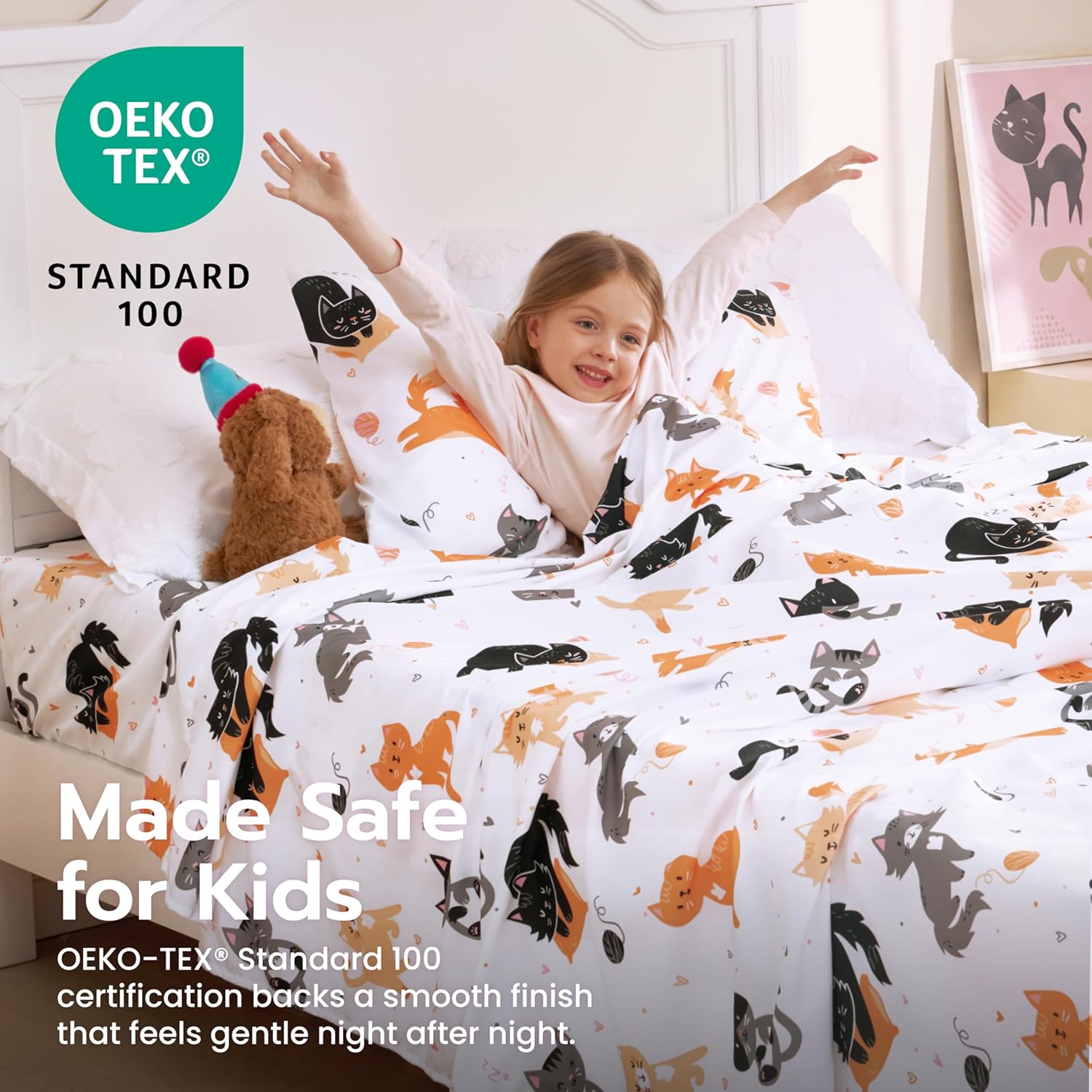 Joiedomi Kids Full Sheet Set Cat - 4 Piece Soft Microfiber Bed Sheets - Deep Pocket Wrinkle Free - Cozy Toddler Bedding Set - Fade Resistant Breathable for Boys Girls Teens