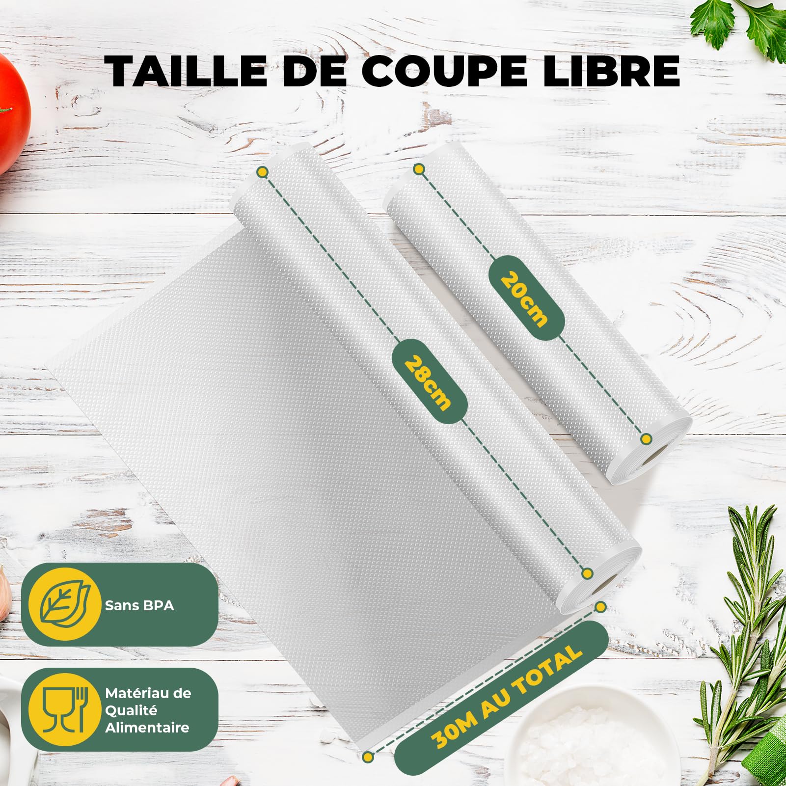 Rouleaux Sacs Sous Vide Alimentaires 5 Packs - 28x300 Cm, Sans BPA, Pour Cuisson & Conservation