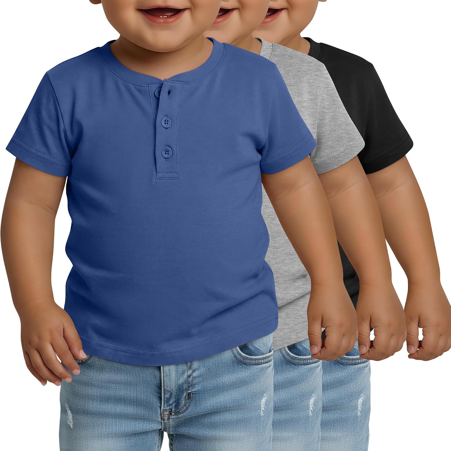 3 Pack Toddler Boys' Henley Shirts Short Sleeve Casual Top with 3 Button Summer Basic Tee Size 18m-5t