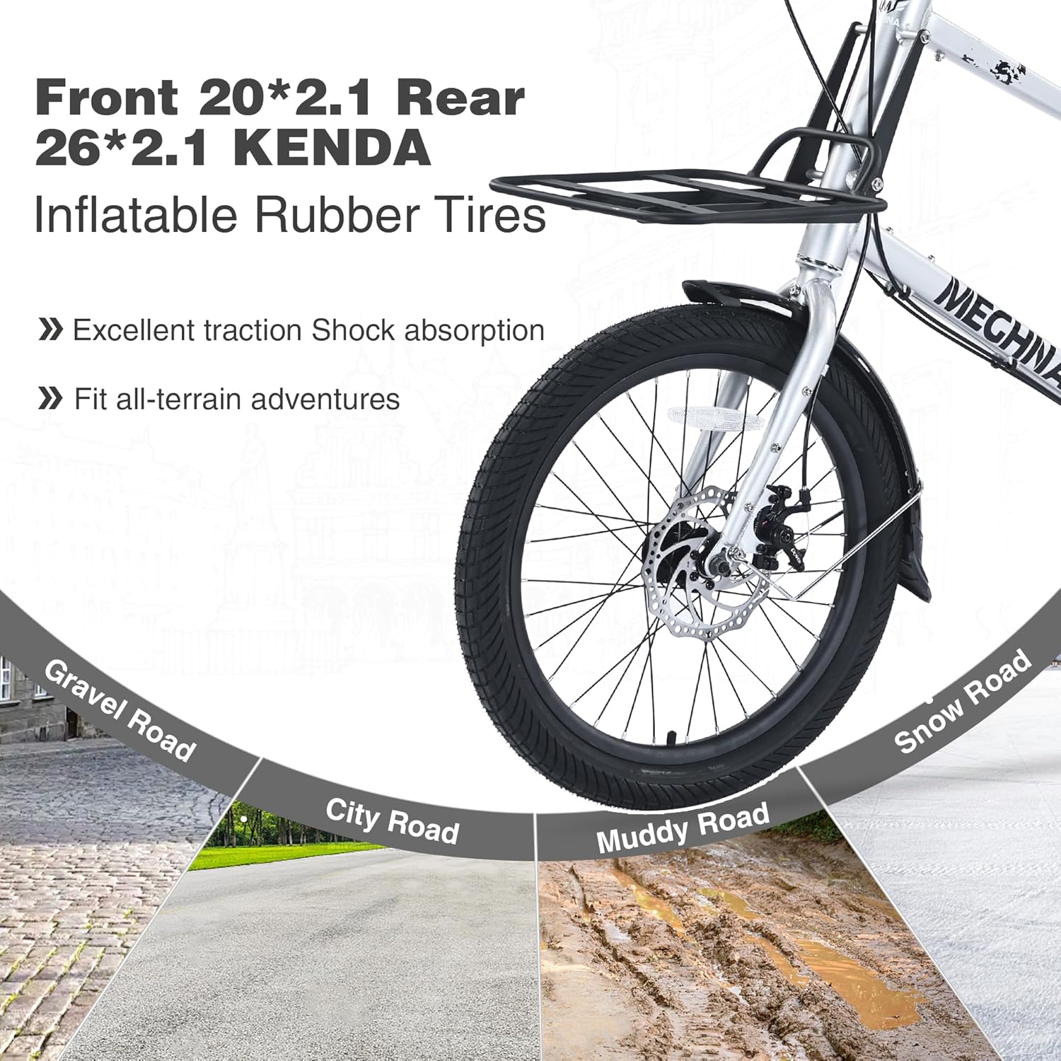 Front 20" & Rear 26" City Hybrid Bike Cruiser Bicycle Mountain Bike with Shiman o 7-Speed Shifter, Double Disc Brakes & Adjustable Stem & Adjustable Leather Saddle, Steel Front Rack, 3 Colors