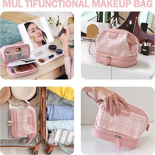Miniatura 6 de Bolsa de maquillaje de cuero, bolsa de cosméticos de viaje, bolsa de maquillaje a cuadros rosa de gran capacidad con compartimentos, bolsas de aseo