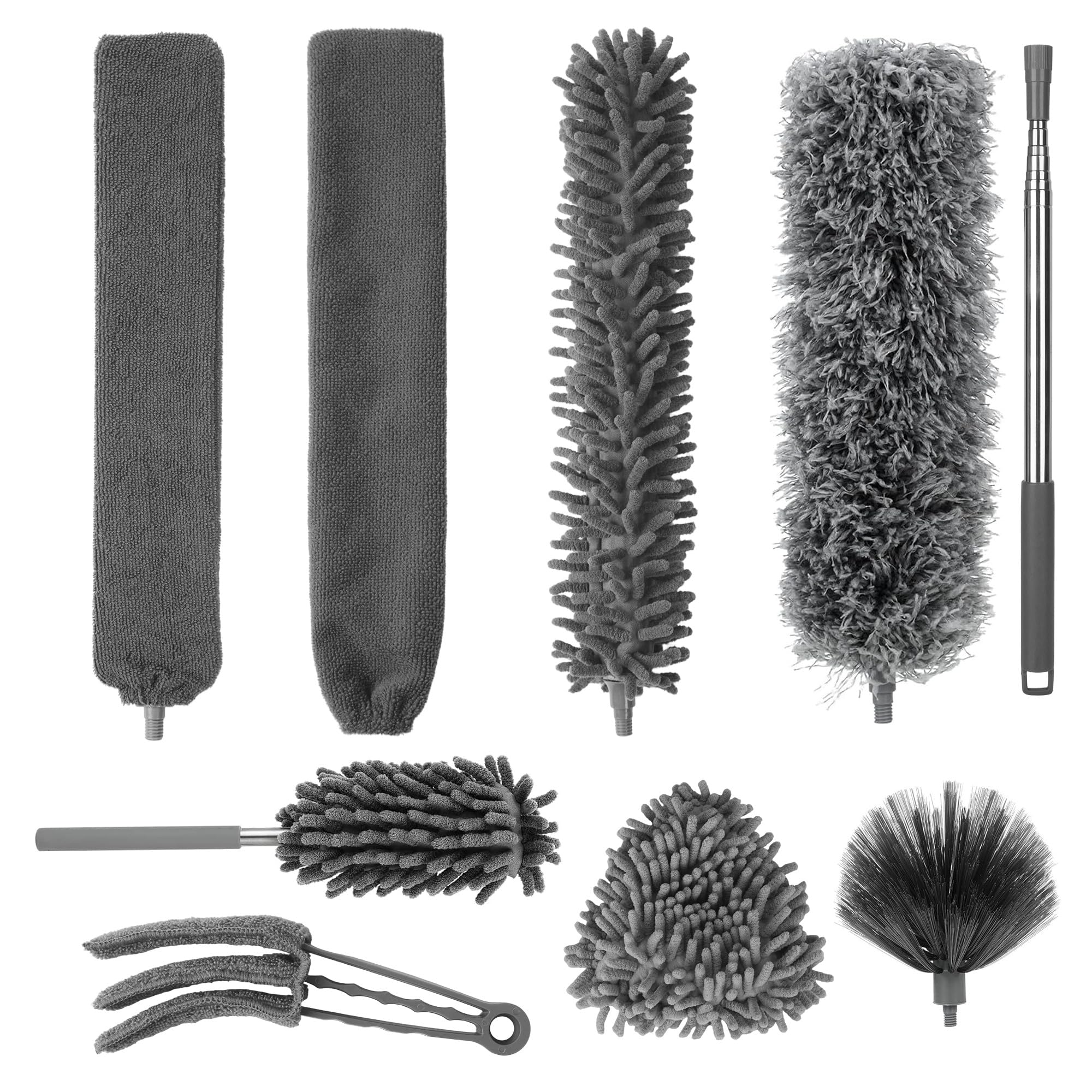 Bucomtu Grey 9-Piece Telescopic Duster Telescopic Washable Spider Web Remover With Telescopic Rod, Retractable To 245 Cm, Suitable For Ceiling Gaps, Ceiling Fans And Cobwebs, Washable