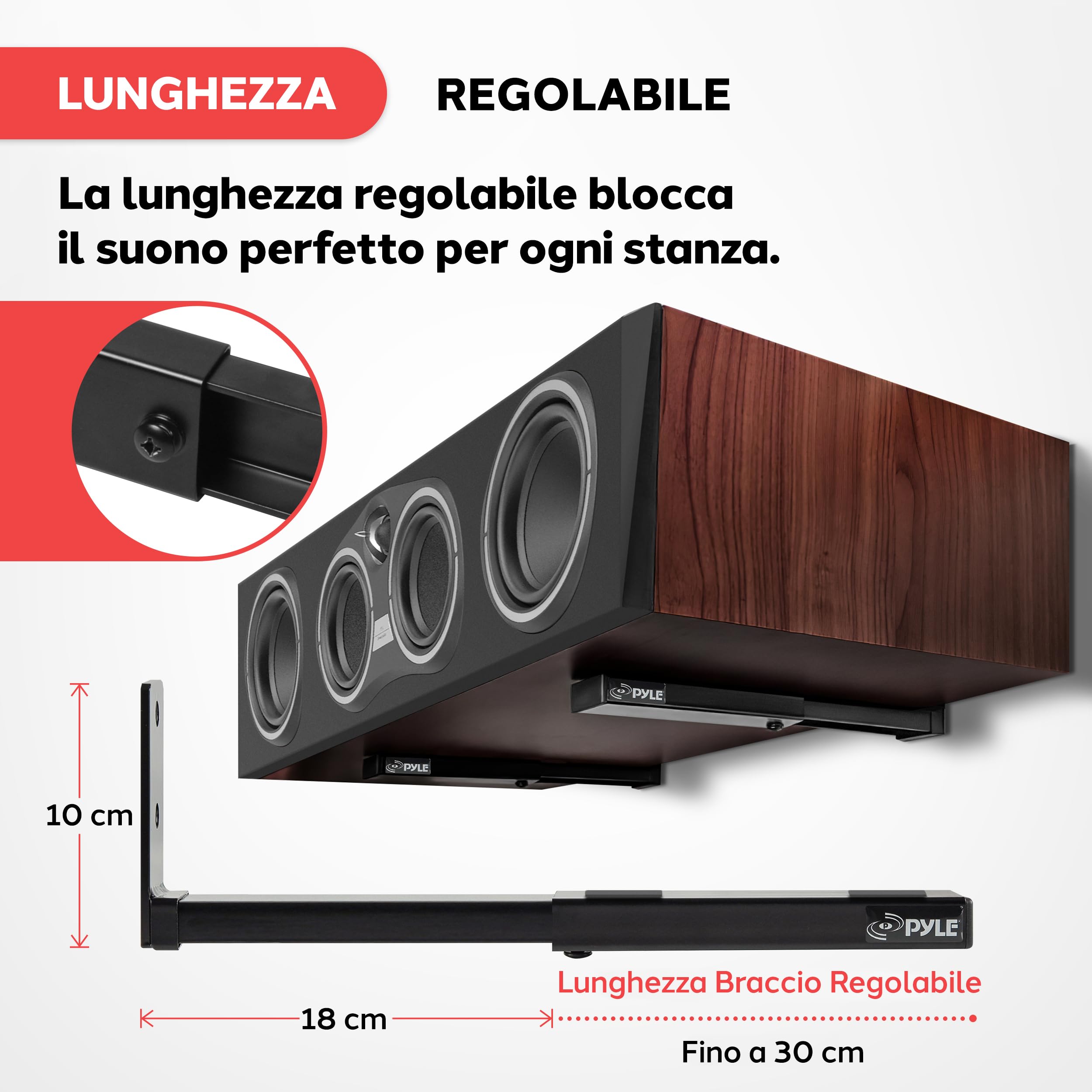 Pyle Supporto Casse Audio da Parete Regolabile, Bracci Estensibili in Acciaio 17-30 cm, Capacità 50 kg, per Casse DJ, Cassa Bluetooth e Speaker, 2 Pezzi