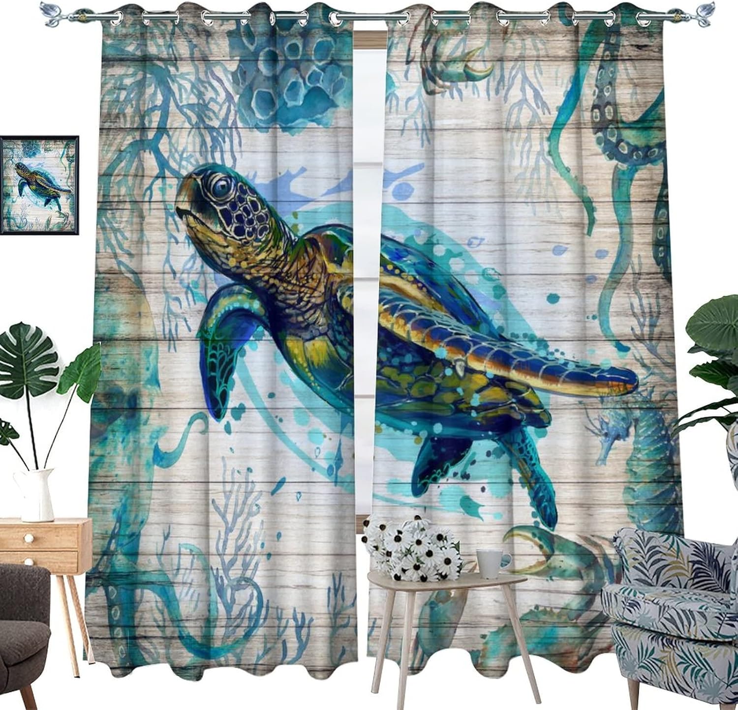 Watercolor Sea Turtle Blackout Curtains for Bedroom,Rustic Wooden Nautical Octopus Crab Ocean Decor Grommet Thermal Insulated Room Darkening Curtains Window Treatments 2 Panels 63L x 21W