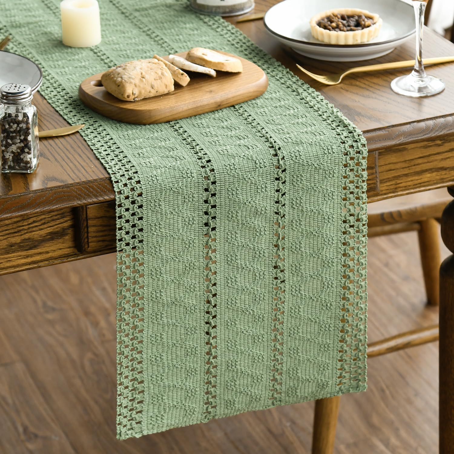Photo 1 of Artoid Mode Light Green Farmhouse Woven Rustic Hollow Table Runner, Seasonal Holiday Kitchen Dining Table Decoration for Home Party Decor 12x36 Inch