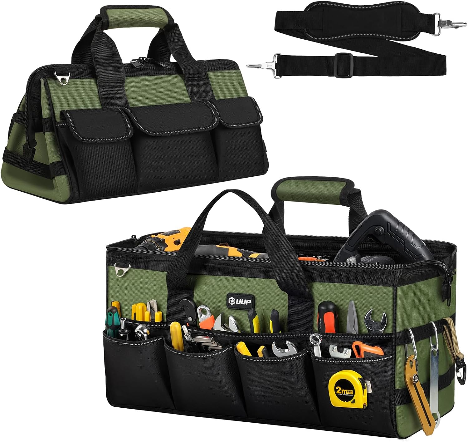 Heavy Duty Tool Bag 20-Inch, Extra Large 16-Pocket Portable Empty Tool Box Organizer Storage, Toolbox Organization, Soft Handle Carrying Toolbag with Zipper, Father Dad Men Mechanic Birthday Gift Green 20 Inch
