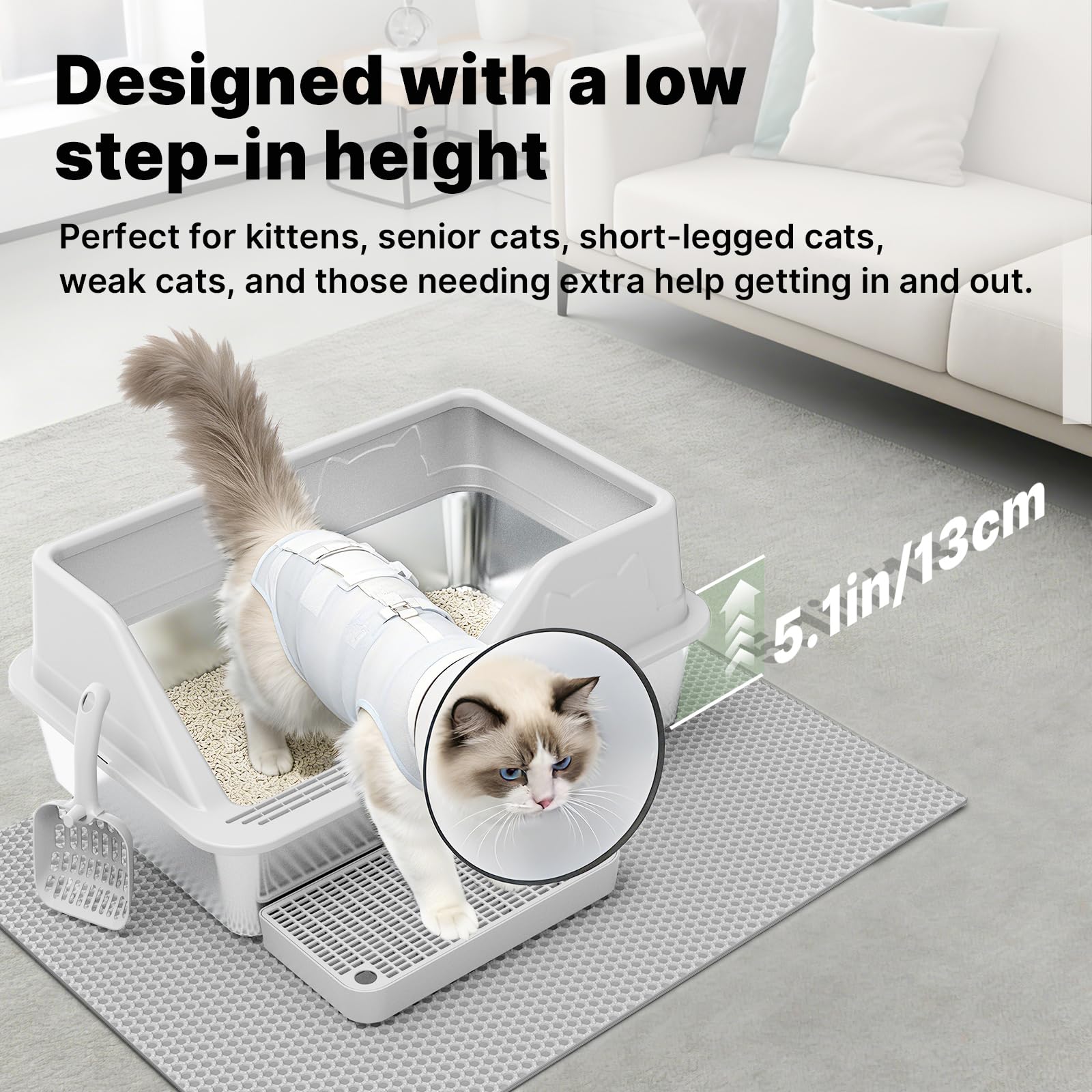 Stainless Steel Litter Box XL for Big Cats, Large Metal Cat Litter Box, High Sided Stainless Steel Pan Litterbox, Easy Clean Non-Stick, Included Scoop & Pedal & Mat, Light Grey - 4