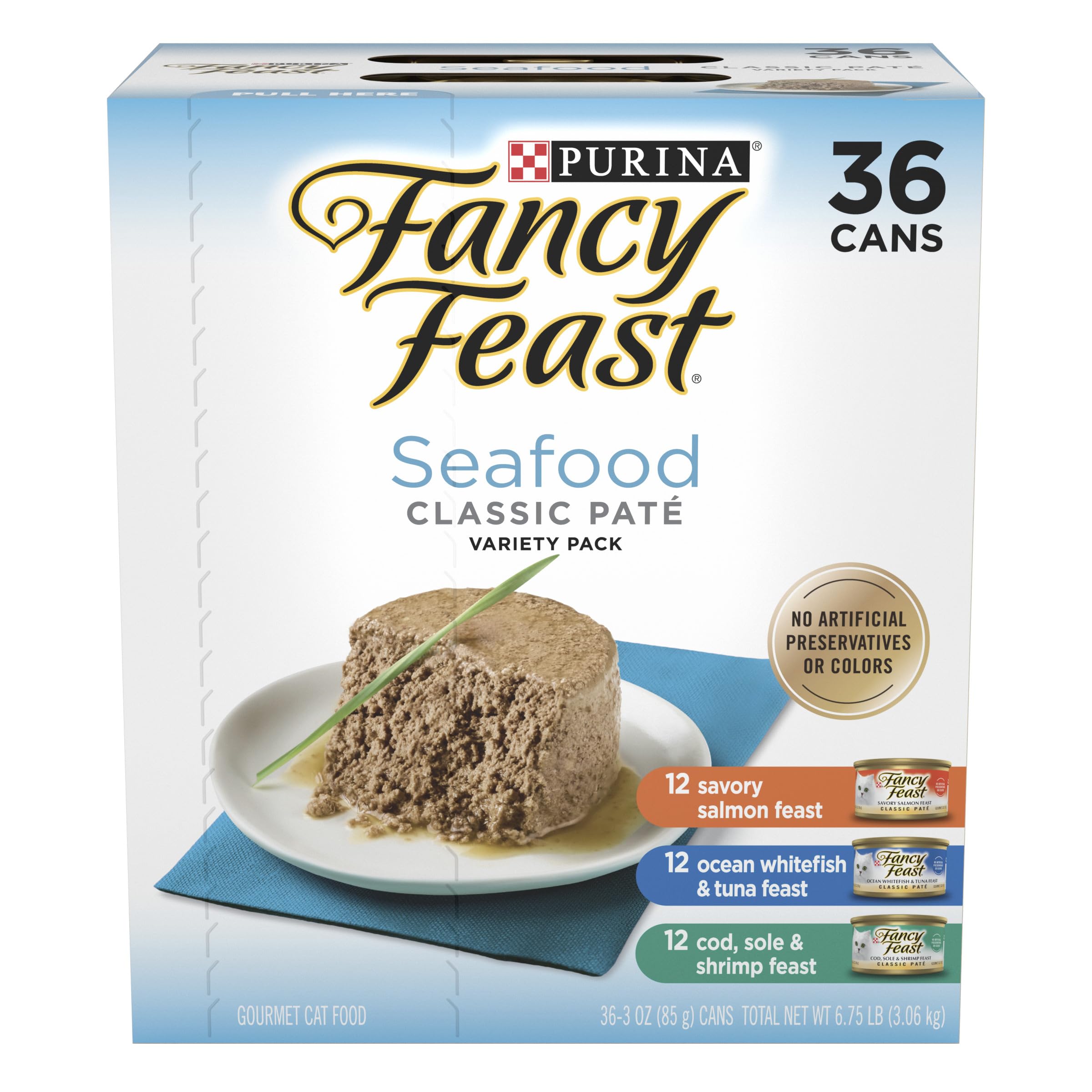 Purina Fancy Feast Seafood Classic Pate Collection Grain Free Wet Cat Food Variety Pack - (Pack of 36) 3 oz. Cans