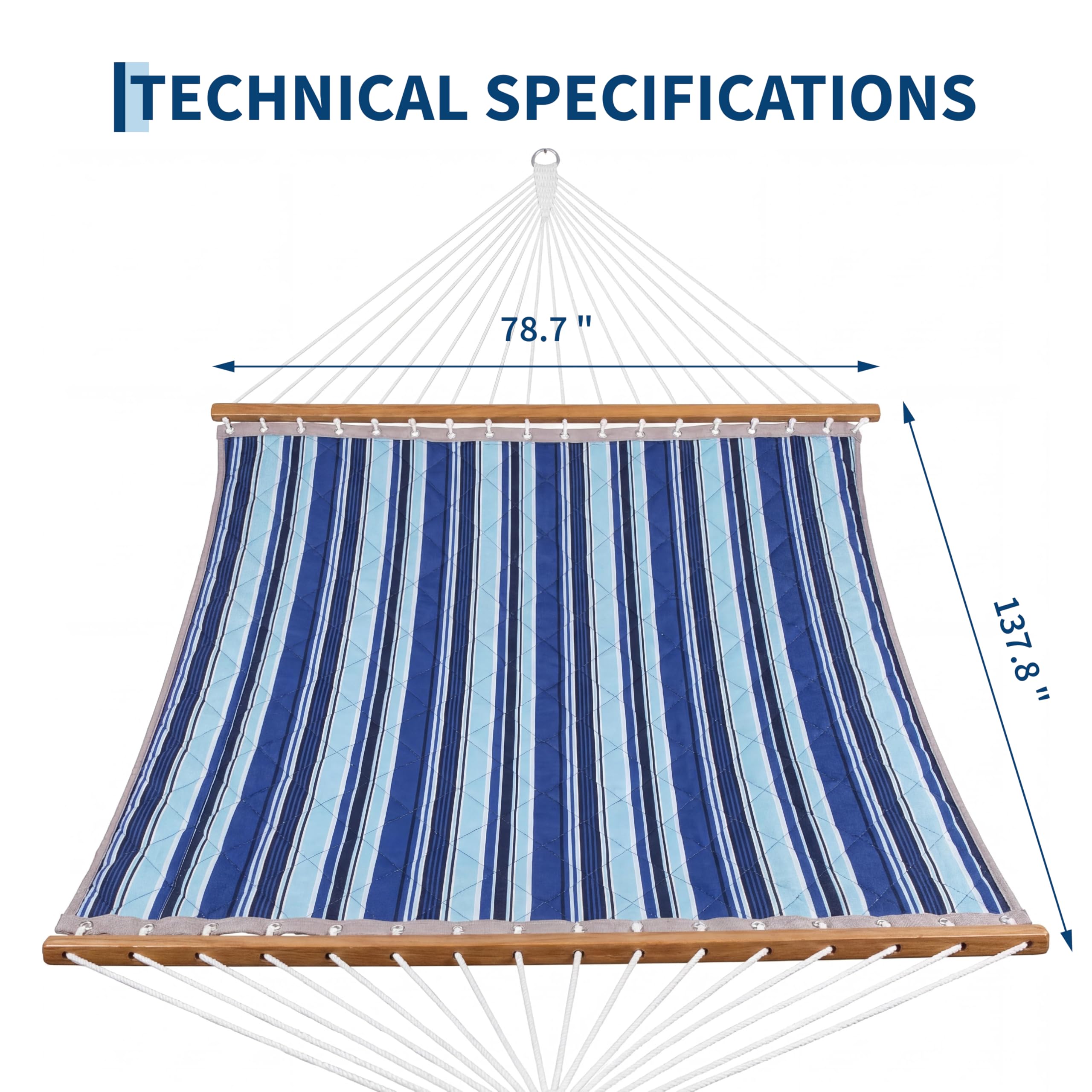 Amaca da Giardino Doppia per Esterni – Barra distanziatrice in Legno, Cuscino Rimovibile, Tasche – Catene Incluse – Strisce Blu – 350cm