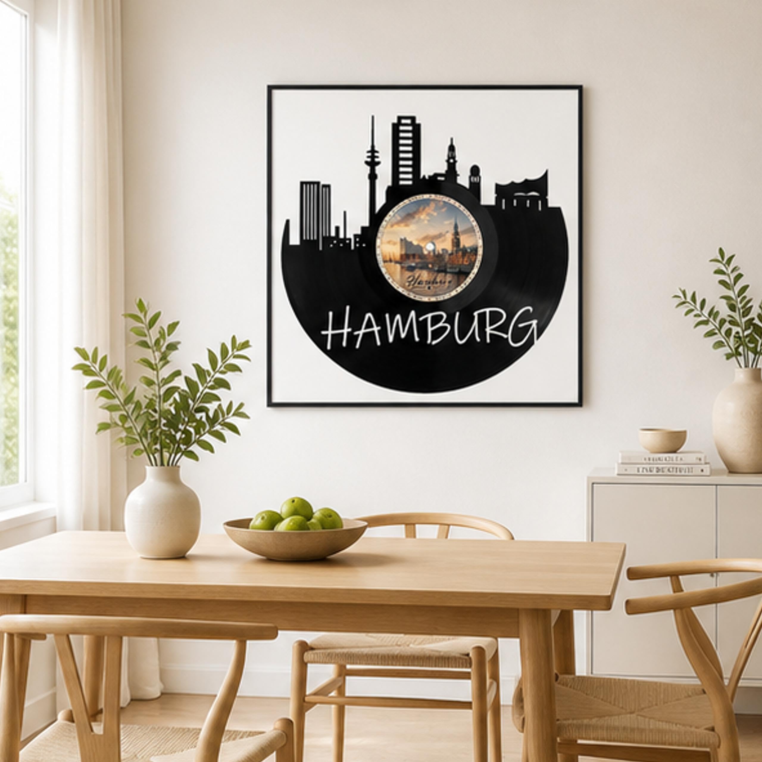 EVEVO Dekoracja ścienna z płyty gramofonowej w ramie 32 x 32 cm Hamburg – winylowa sztuka ścienna Hanzestadt prezent dla fanów Hamburga