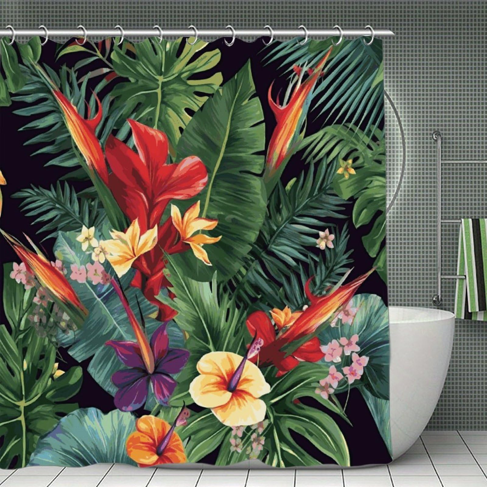 FekiLoot Tropical Plant Flowers Shower Curtain with Hooks Modern Farmhouse Bathroom Curtain Waterproof Cloth Bath Curtains Cute Washable Blackout Privacy Curtains for Bathroom Bathtub 70.8"x70.8"