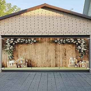 CSFOTO 7x16ft Floral Wood Wall Garage Door Decoration Banner Vintage Brown Country Theme Garage Decoration Mural Outdoor Indoor Bridal Shower Reception Ceremony Party Photo Props
