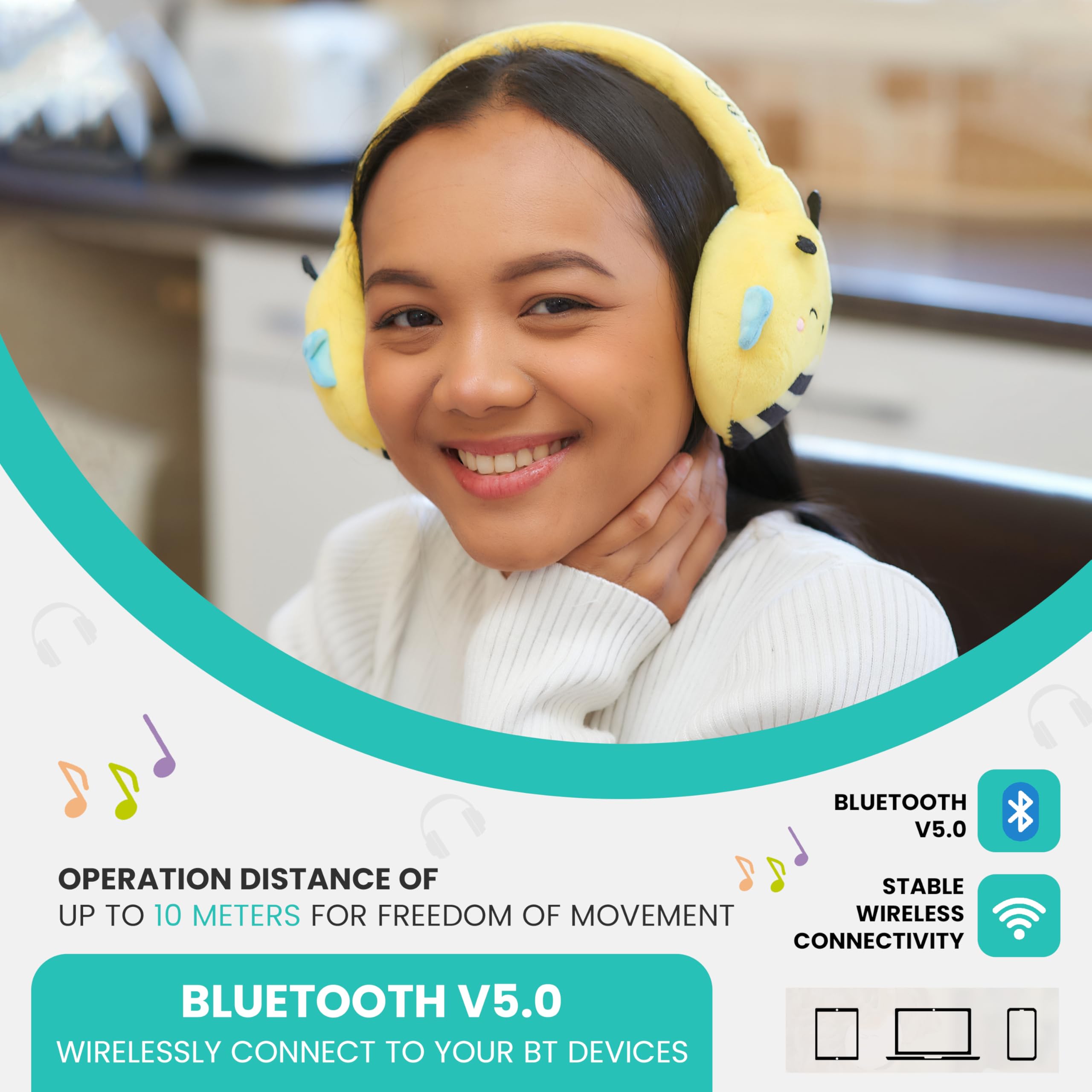Squishmallows Sunny The Bee - Auriculares Bluetooth de felpa con micrófono integrado para hacer y recibir llamadas. Rango Bluetooth de 10 metros, control de volumen, almohadillas de felpa suave con