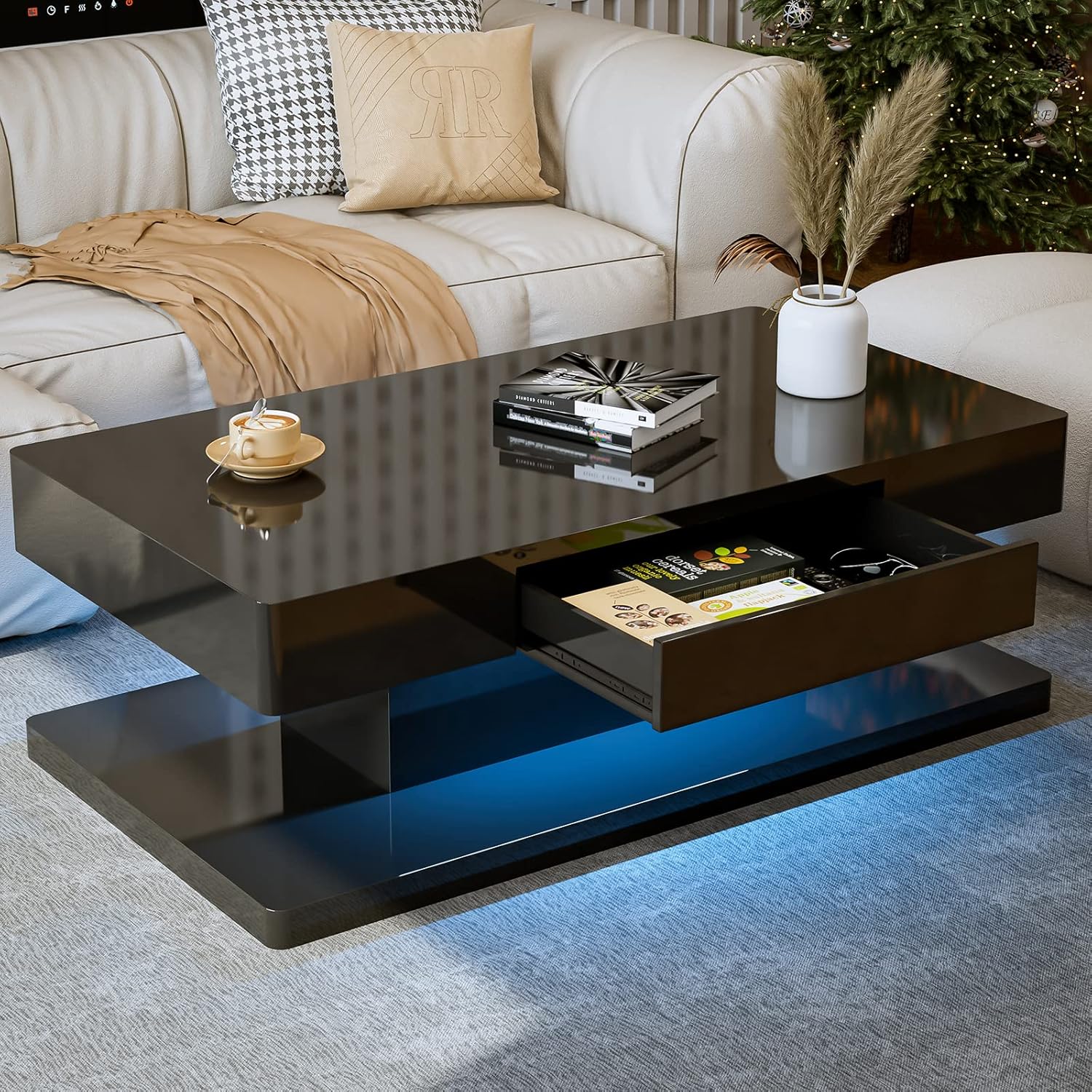 IKIFLY Modern LED Coffee Table with Drawer, Black High