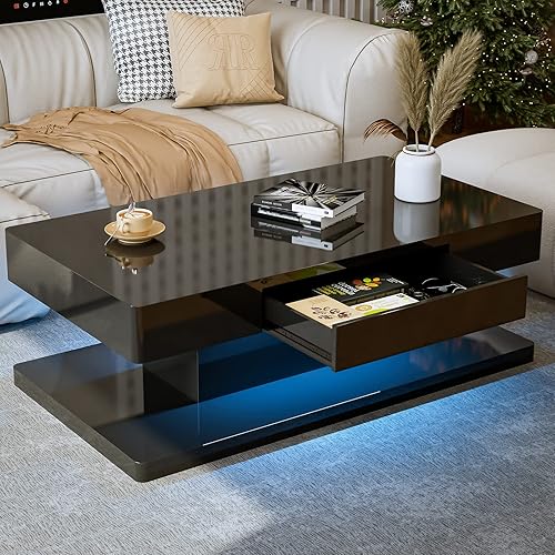 Miniatura 46 de Mesa de centro LED moderna, mesa de centro blanca de alto brillo con luces LED de 16 colores, mesa de centro rectangular contemporánea para sala de