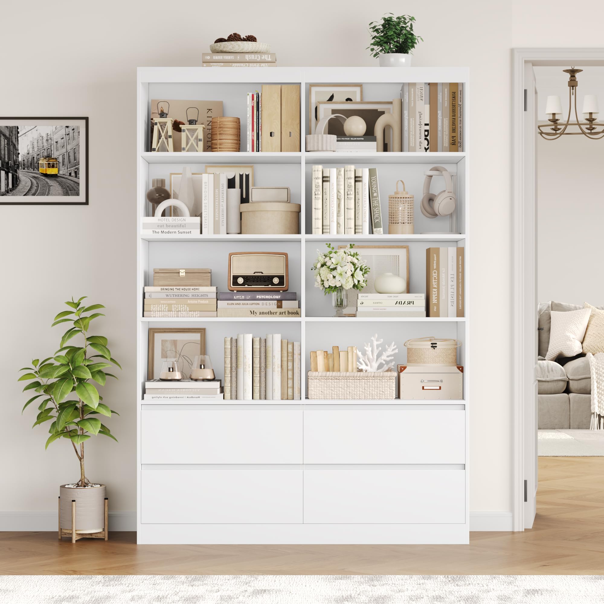 FirFurd Libreria Scaffale 180 cm,Grande libreria Alta, Libreria Verticale in legno, divisorio per Ambienti,con 4 cassetti e 8 scomparti, per Soggiorno, Ufficio, Cucina, 180 x 120 x 30 cm (Bianco)
