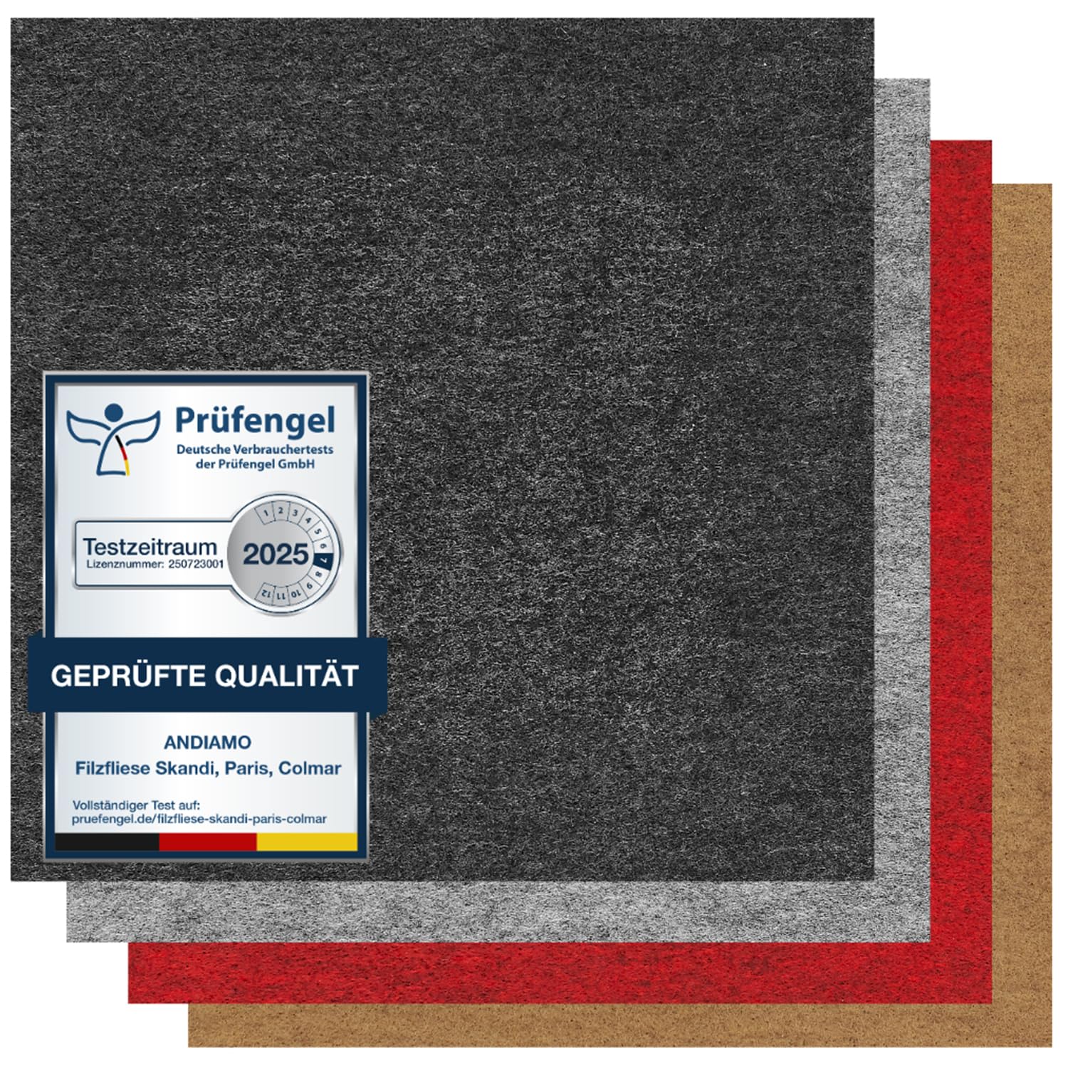 andiamo Teppichfliesen selbstklebend – 25 Stück, 40x40 cm Filz Bodenbelag für Wohnräume, DIY, leicht verlegbar & für Fußbodenheizung – Standard 4 m², Anthrazit