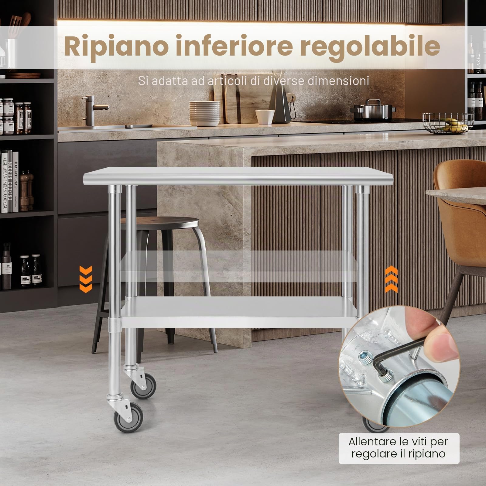 KOMFOTTEU, carrello portautensili in acciaio inox con ruote, altezza regolabile, tavolo da cucina per preparazione cibi a 2 livelli, tavolo smontabile con capacità di carico 250 kg per ristorante e