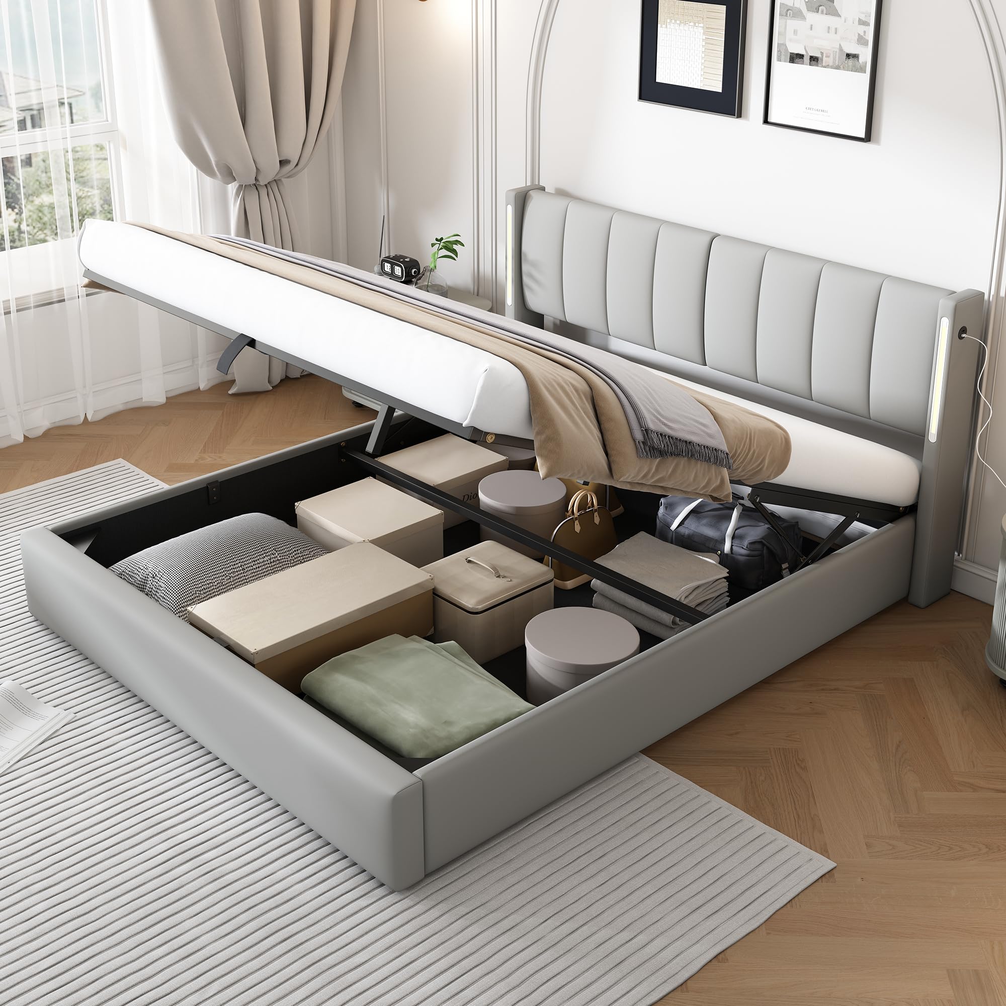 Cama Tapizada de 160x200 cm con Cabecero LED Inclinable y USB, Estructura de Cama Doble con Soporte de Láminas de Madera y Almacenamiento Hidráulica, Somier Metálico, PU, Gris, Sin Colchon