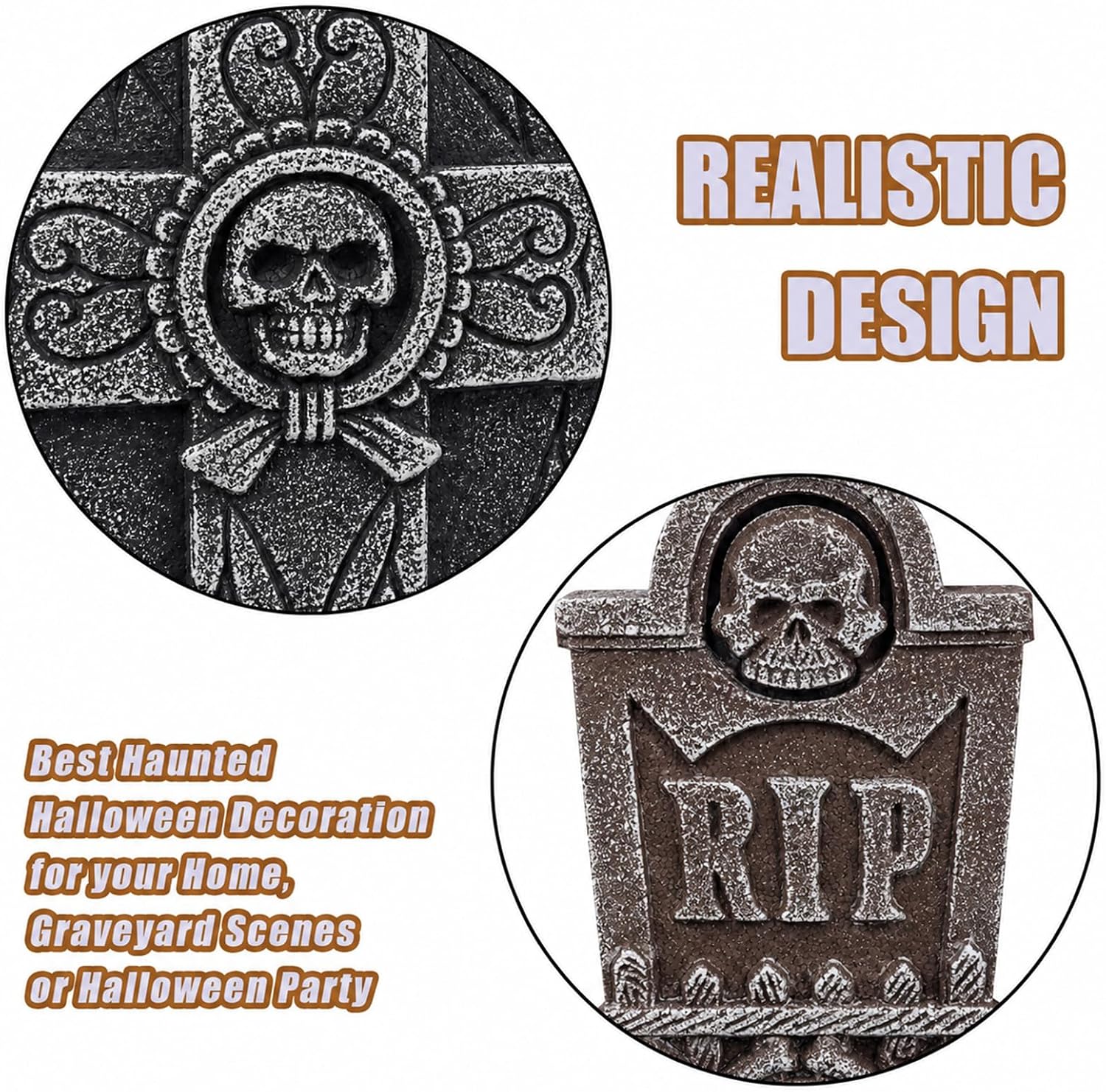 Homily Halloween Foam Graveyard Tombstones, 5 Piece Realistic Scary Headstone Decorations with 10 Metal Stakes for Outdoor Yard Decor