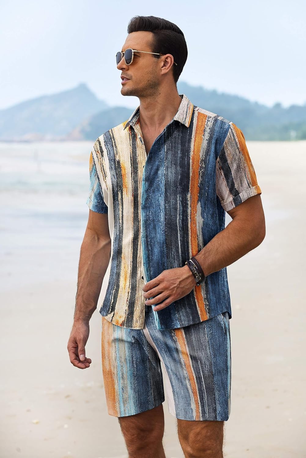 COOFANDY Men's Summer Beach Outfits 2 Piece Short Sleeve Shirts and Shorts Vacation Texture Linen Sets for Men - Image 2