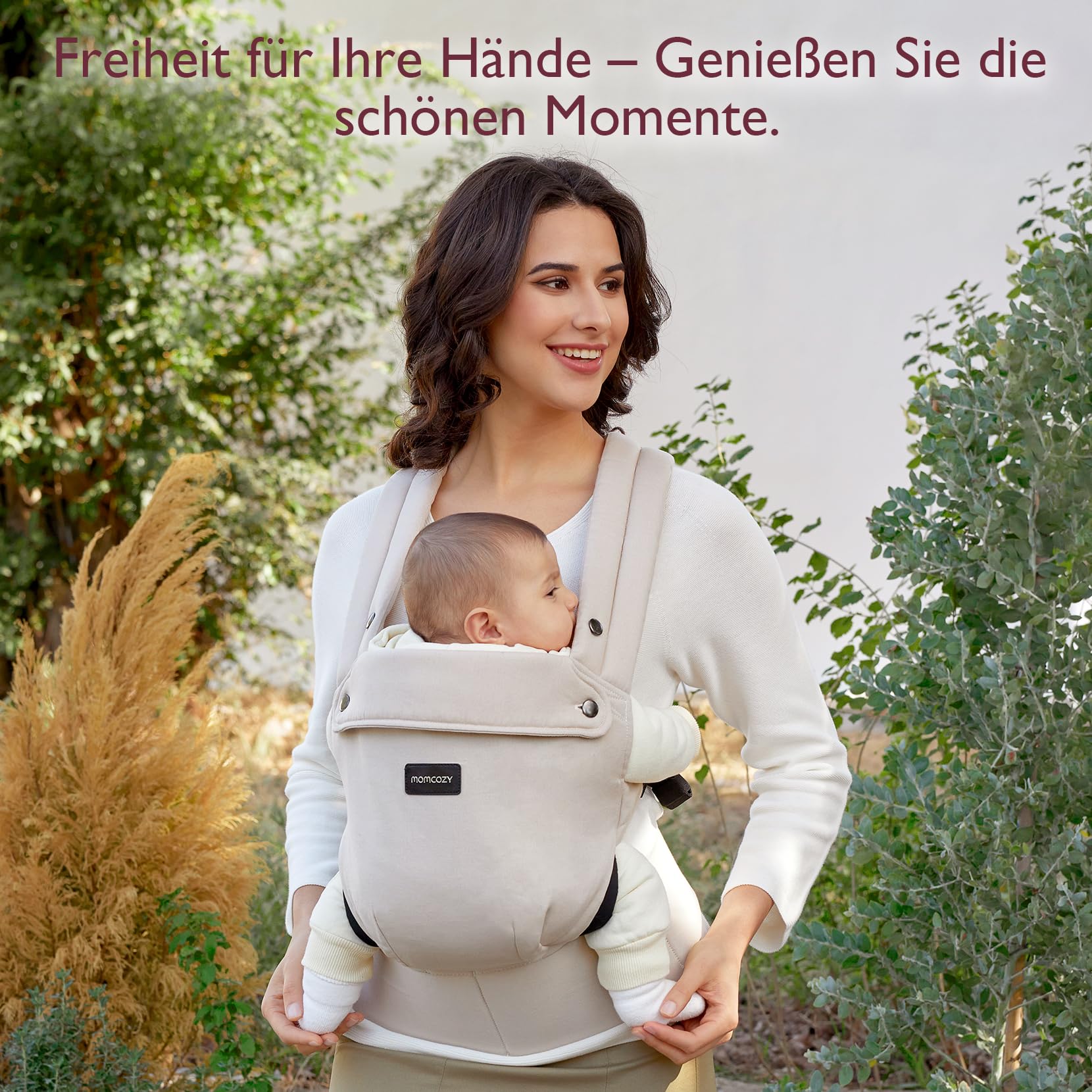 Momcozy Babytrage aus 100% Baumwolle – Baby Carrier für Kleinkind (3-24 Monate, 3,2-20 kg) · Ergonomische M-Position · X-Rücken · Taillengurt 64-127cm, Khaki