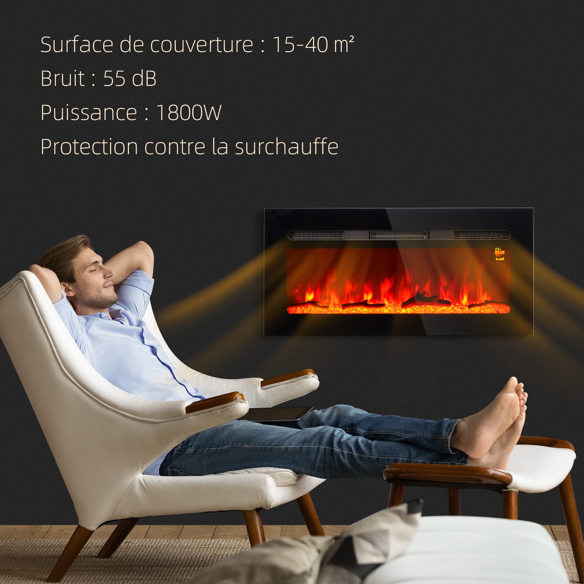 HOMCOM Cheminée électrique 1800 W Mural ou encastrable Fausse cheminée avec Effet Flamme en LED 3 Couleurs 5 luminosités, bûche et Cristal, minuterie, température 15-40℃, télécommande, 91,4L cm, Noir