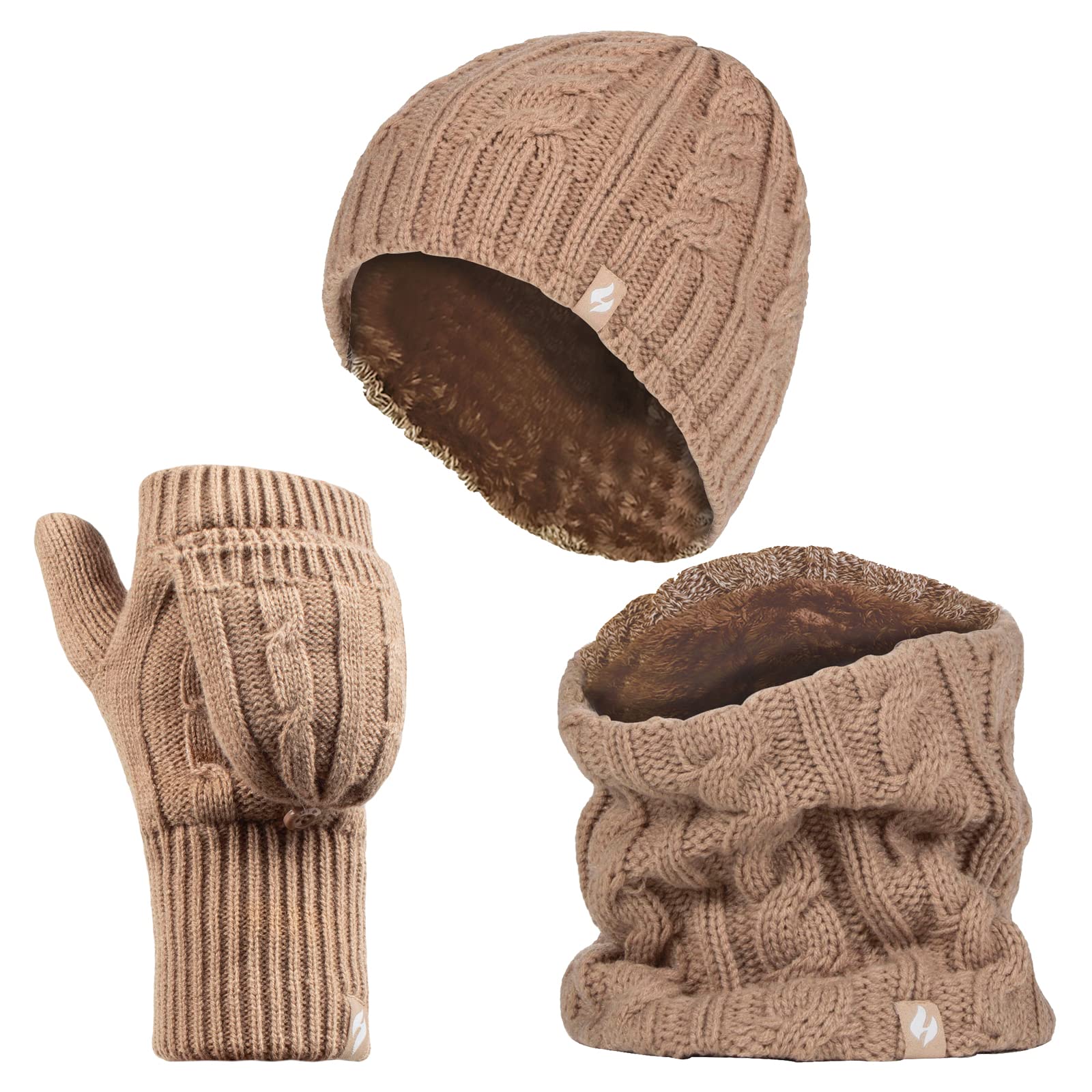 HEAT HOLDERS - Womens Thermal winter fleece cable knit Hat, Neck Warmer and Converter Gloves set (Beige)