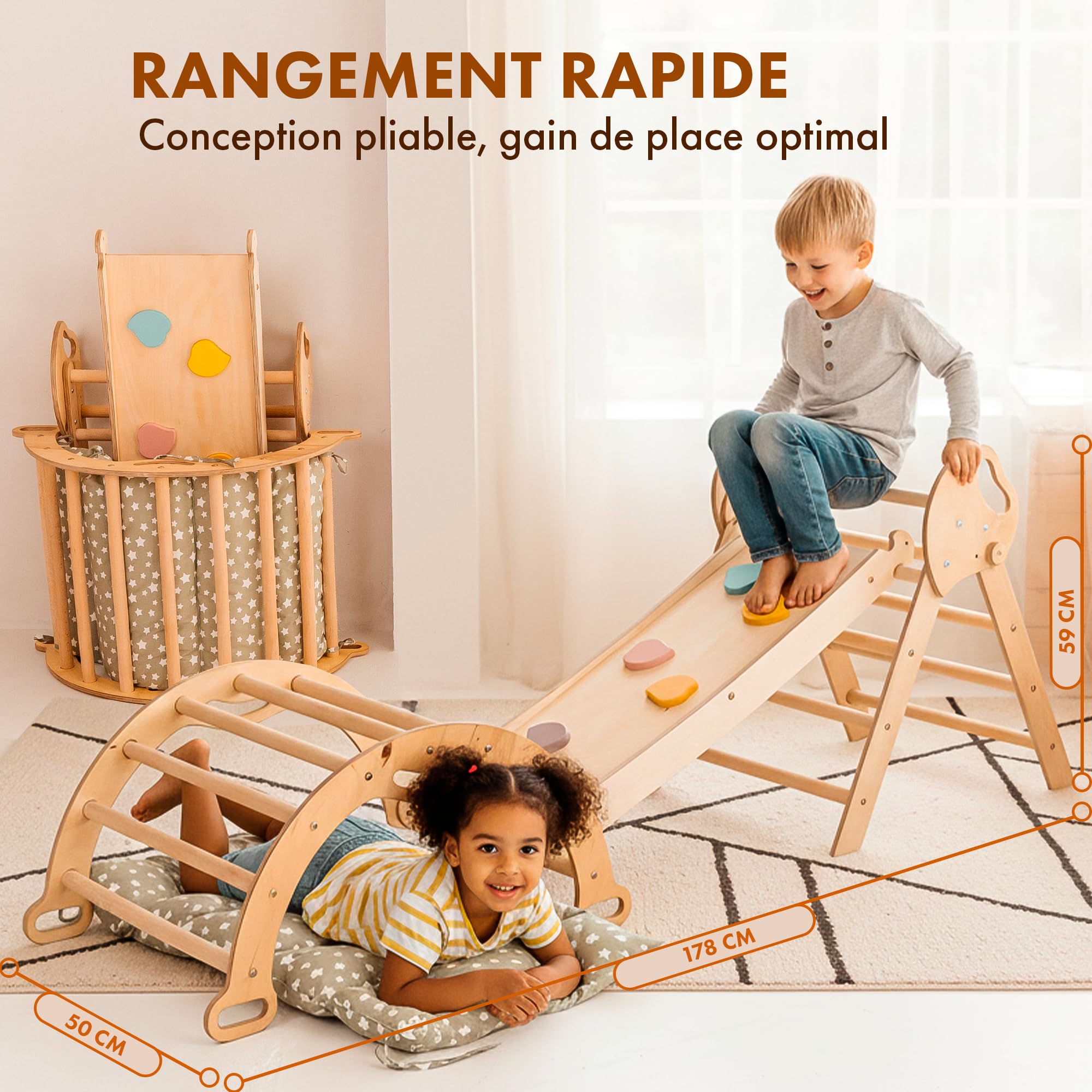 Goodevas Cadre d'escalade 5 en 1 pour enfants – Échelle triangulaire, arche d'escalade, planche d'équilibre et coussin, cadre d'escalade Montessori, gym en bois pour enfants de 1 à 3 ans